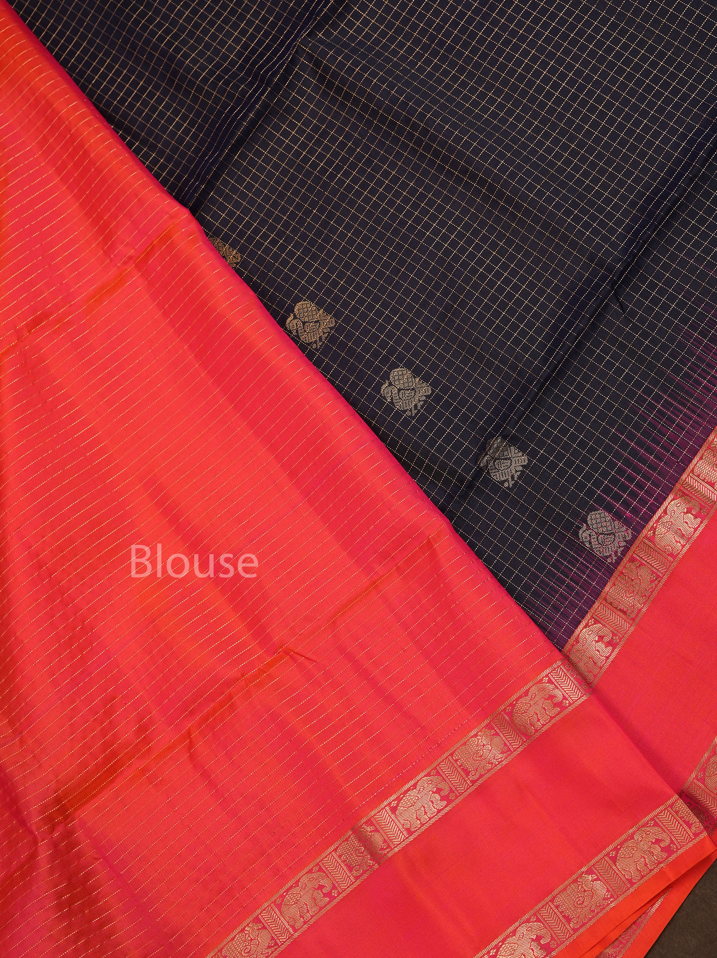 Navy Blue With Peach Orange Pure Soft Silk Saree