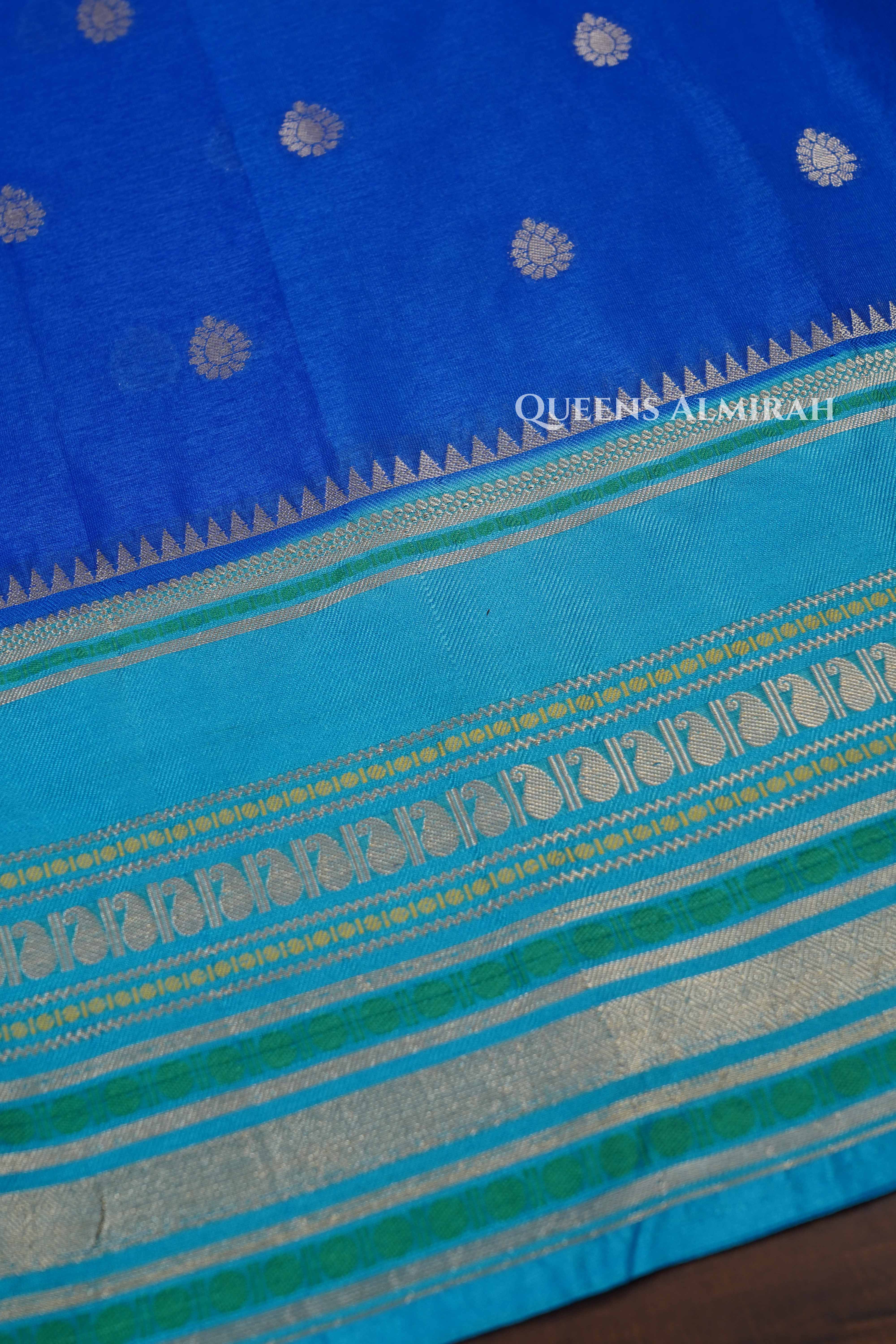 Royal Blue With Sea Blue Semi Banarasi Silk Saree