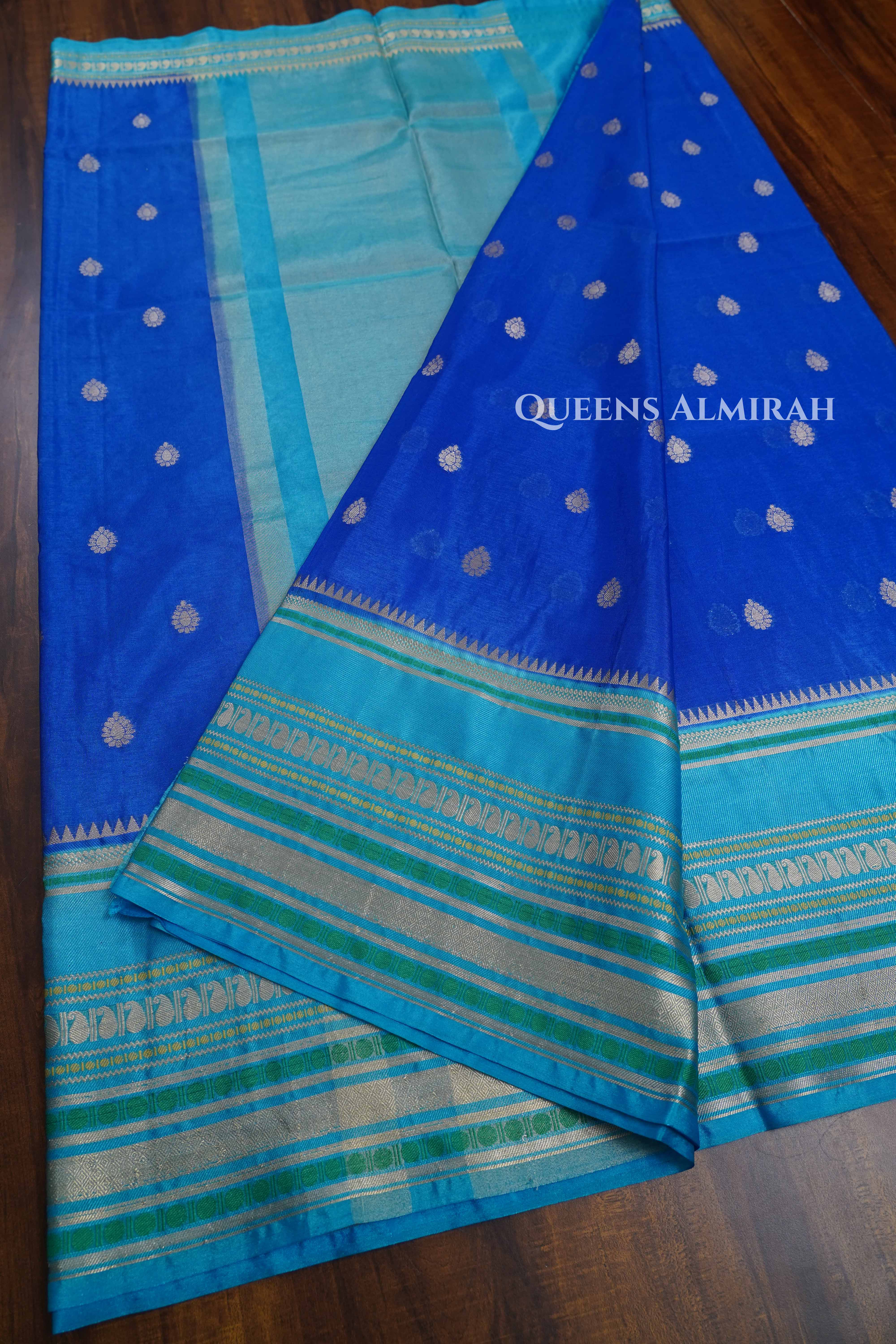 Royal Blue With Sea Blue Semi Banarasi Silk Saree