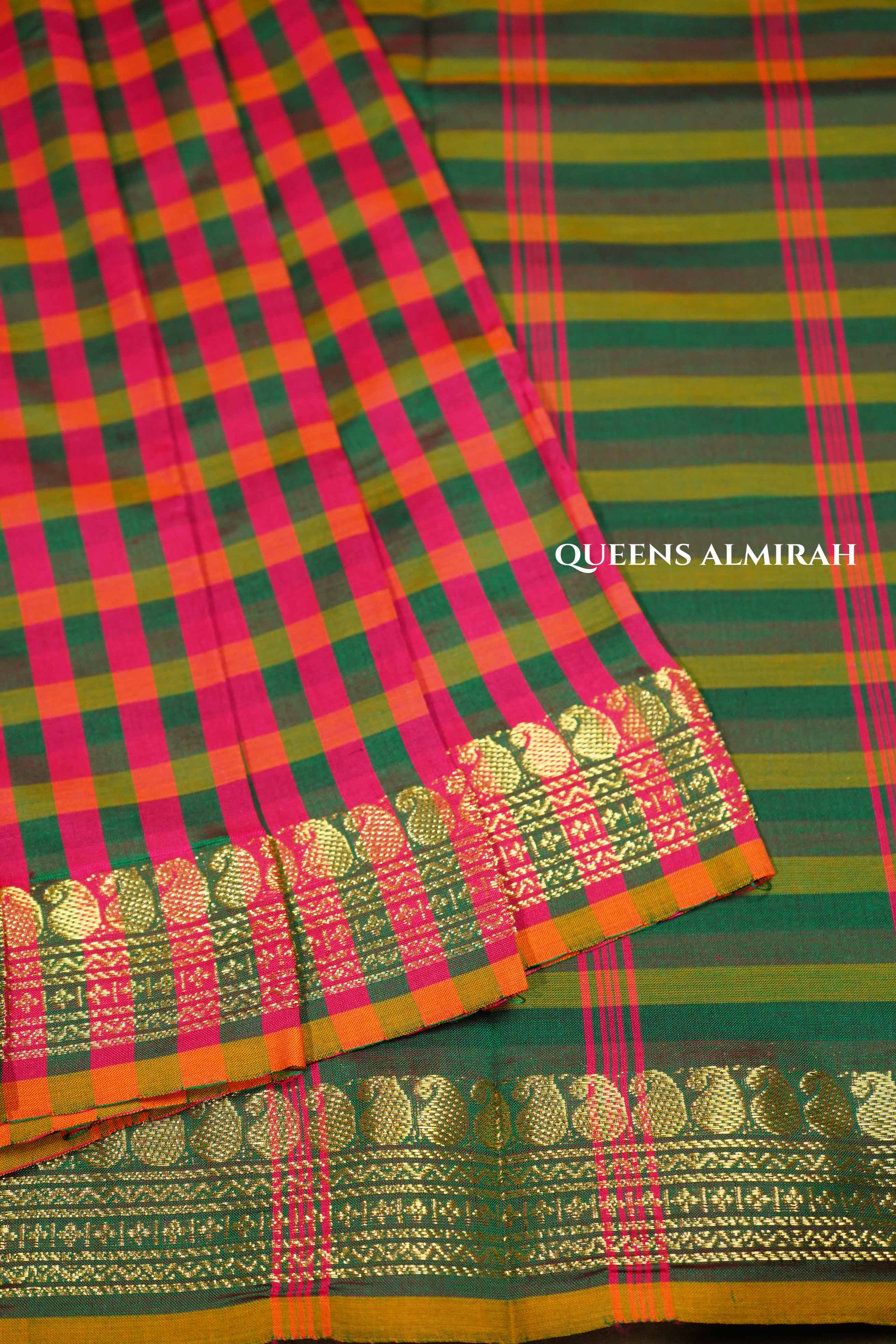 Red And Green Checks Semi Silk Cotton Saree