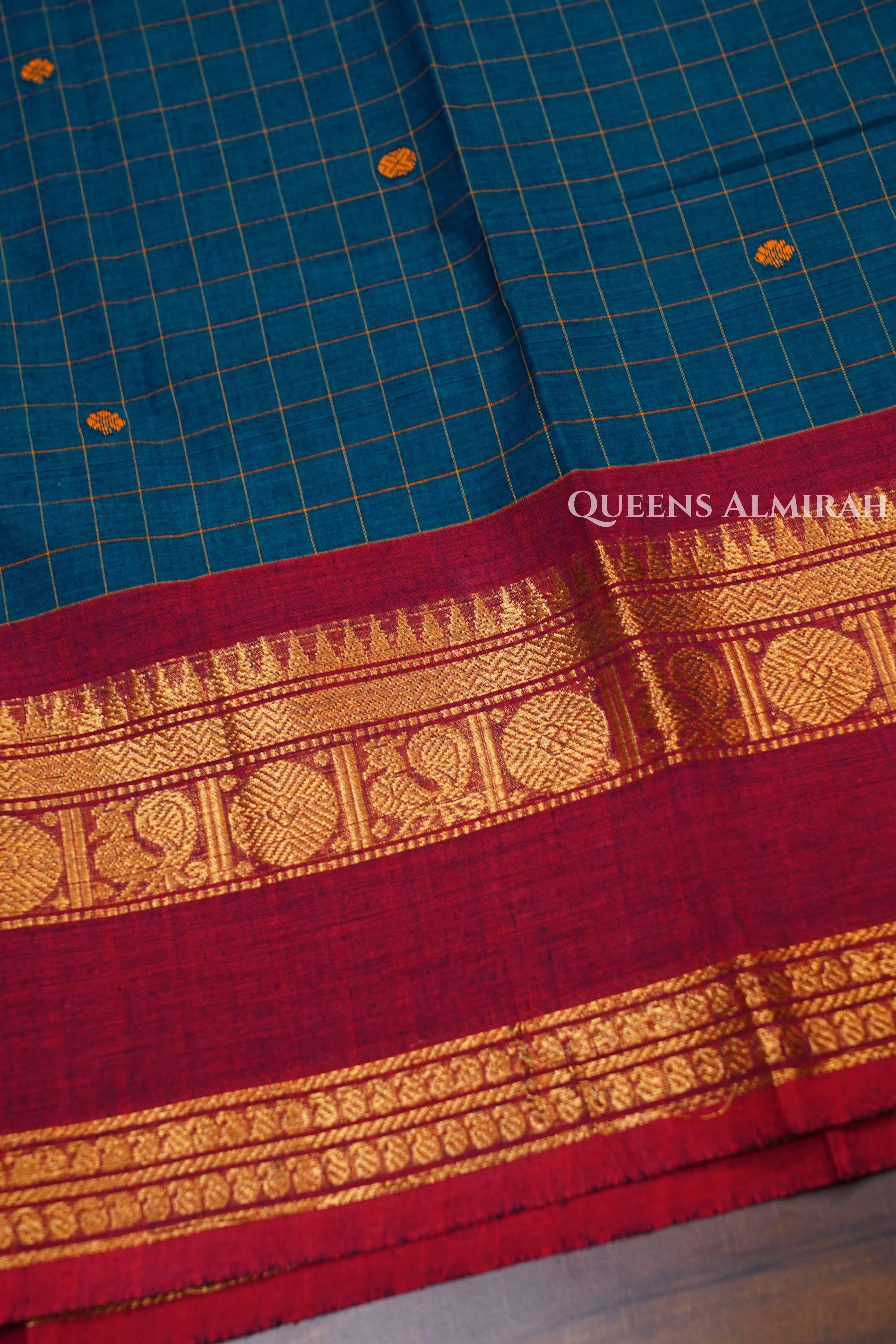 Royal Blue With Red Kanchi Cotton Saree