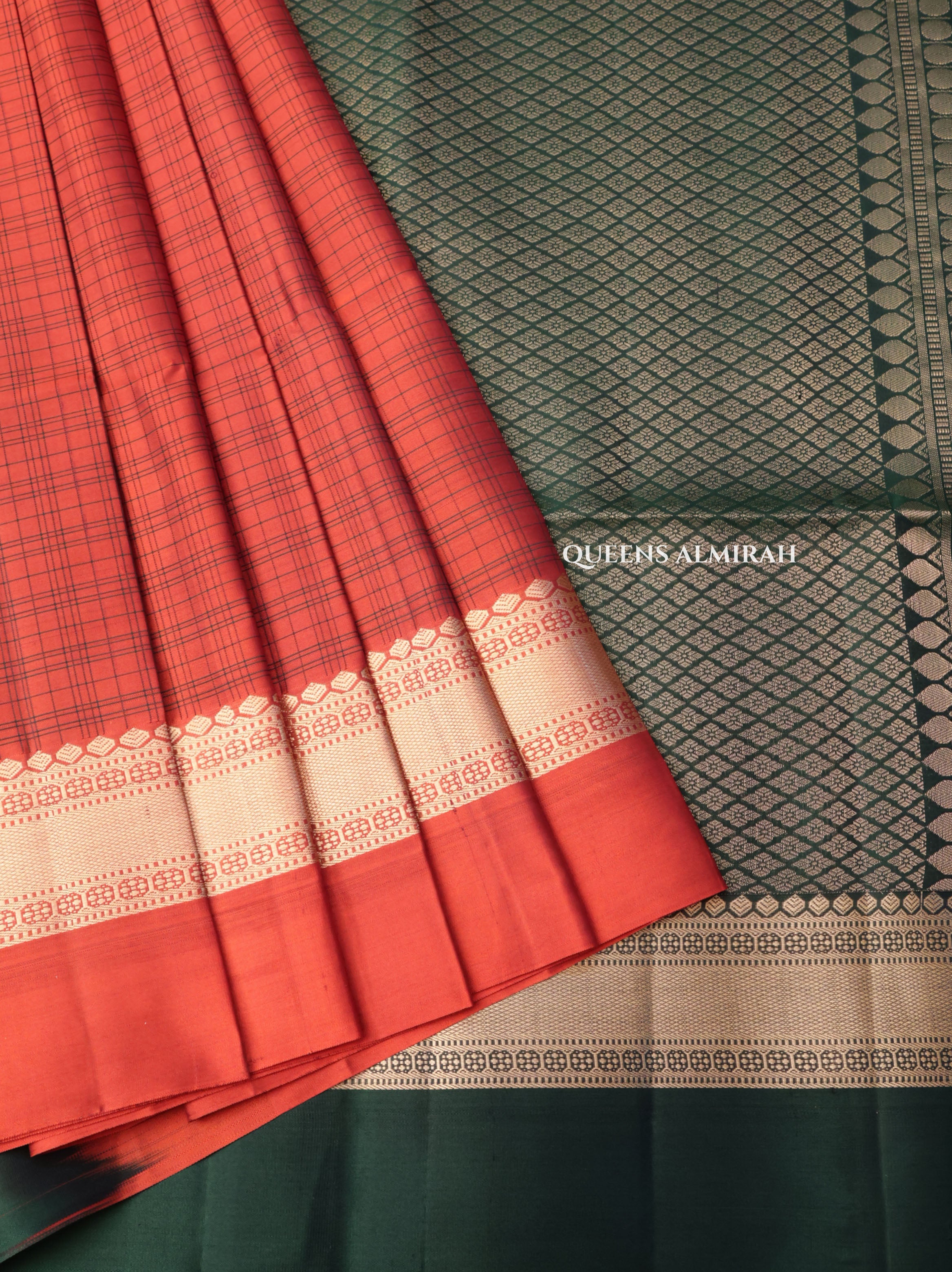 Rust Orange With Green Pure Soft Silk Saree