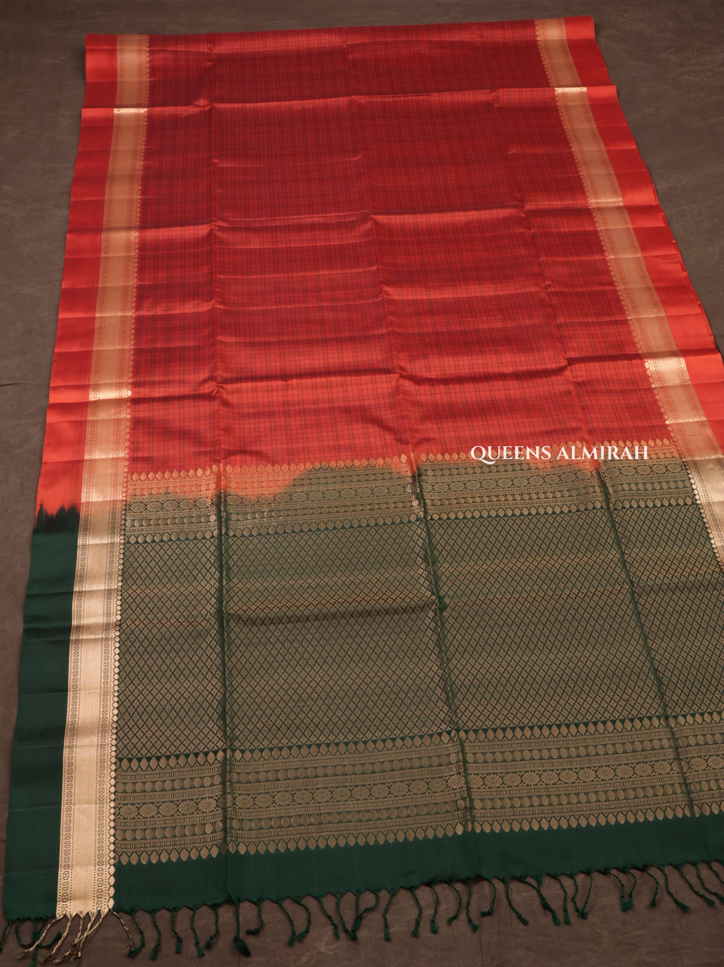 Rust Orange With Green Pure Soft Silk Saree