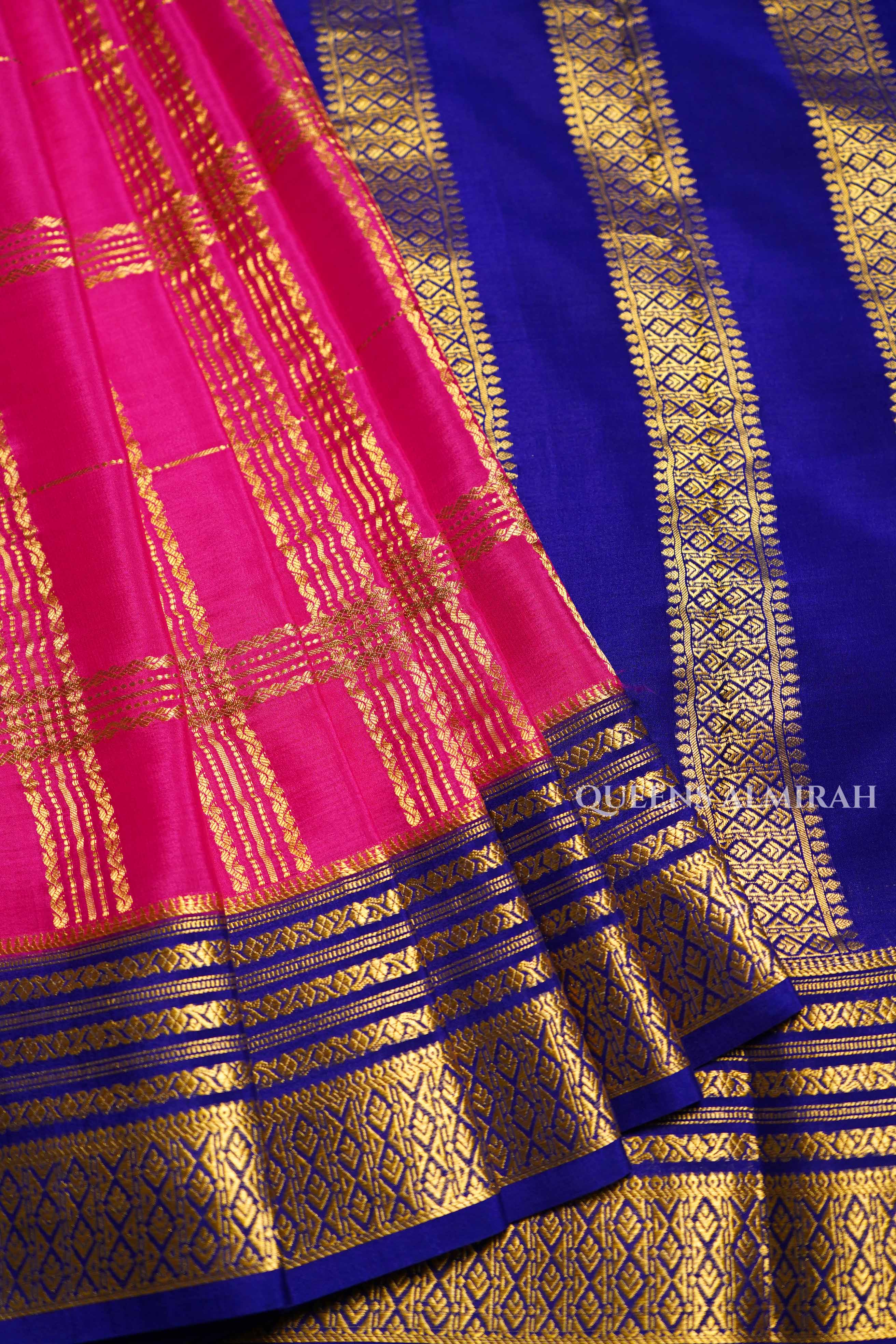 Pink With Navy Blue Mysore Silk Saree