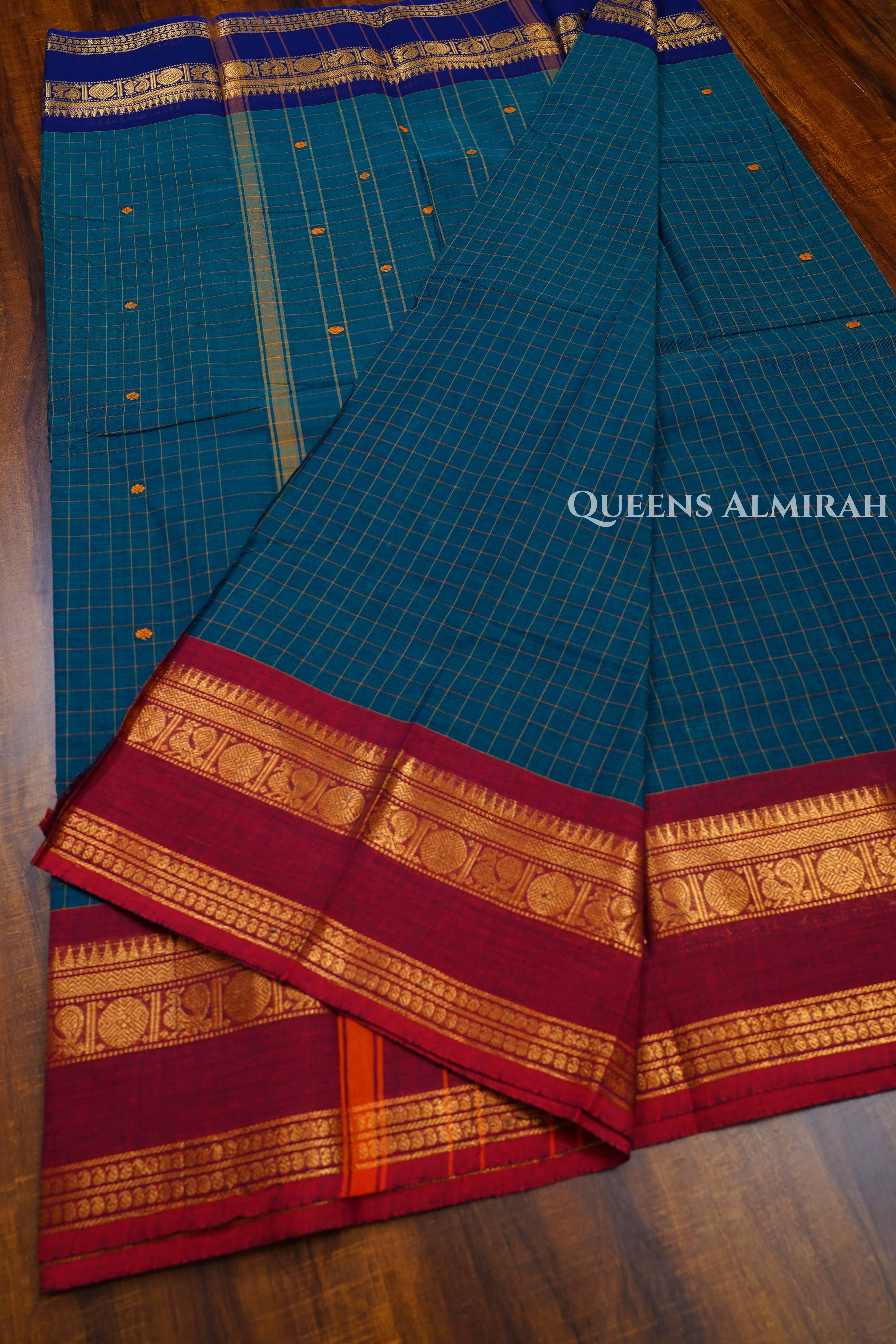 Royal Blue With Red Kanchi Cotton Saree