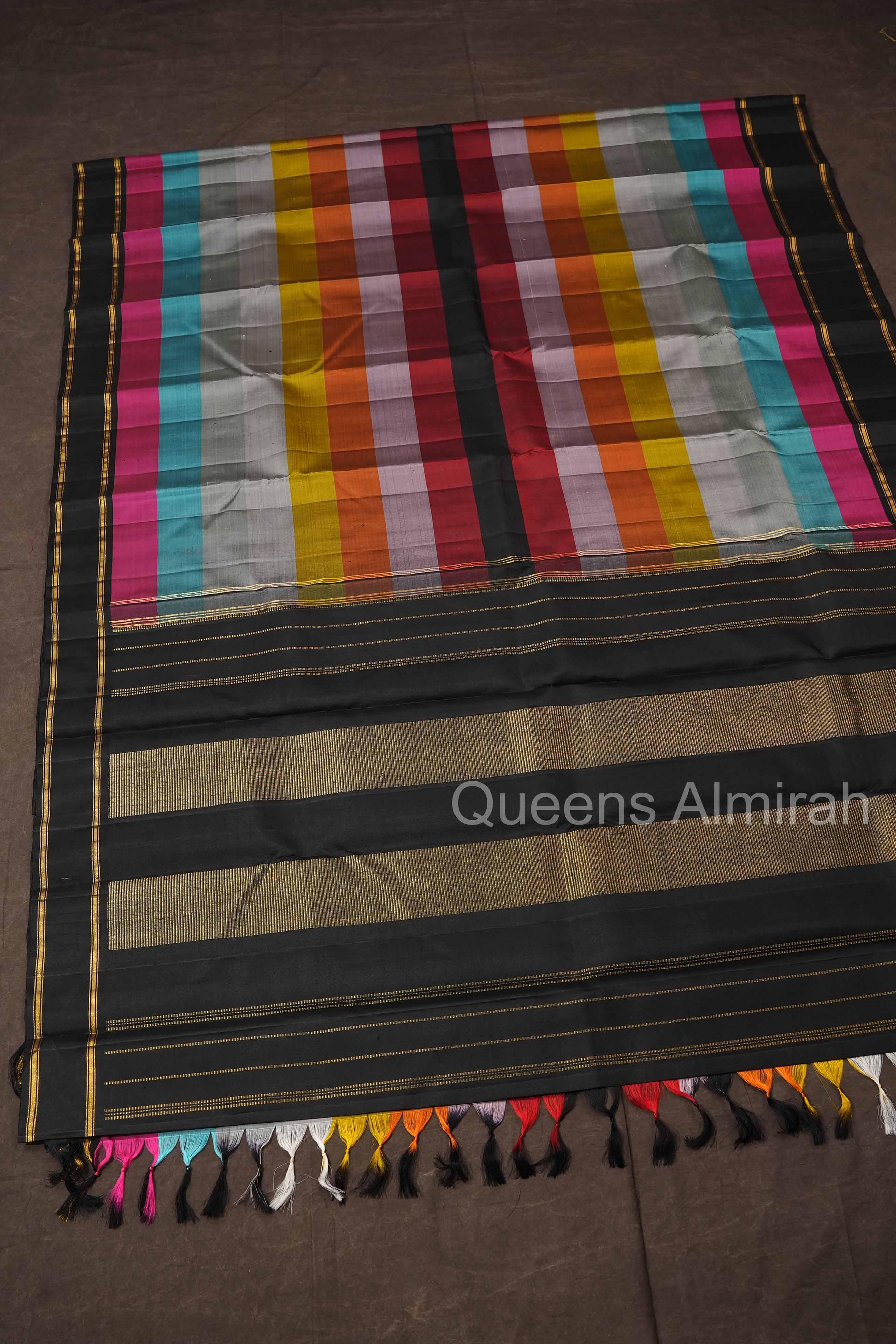 Multi Color With Black Gap Border Pure Kanchivaram Silk Saree