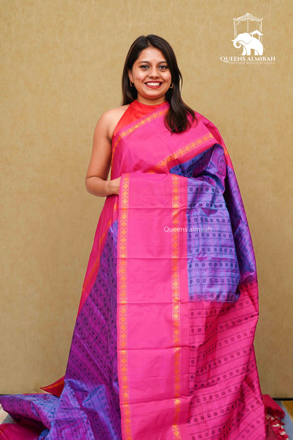 PASSIA FLOWER PURPLE WITH MAGENTA PURE KANCHIVARAM SILK SAREE - Queens Jewel Emporium