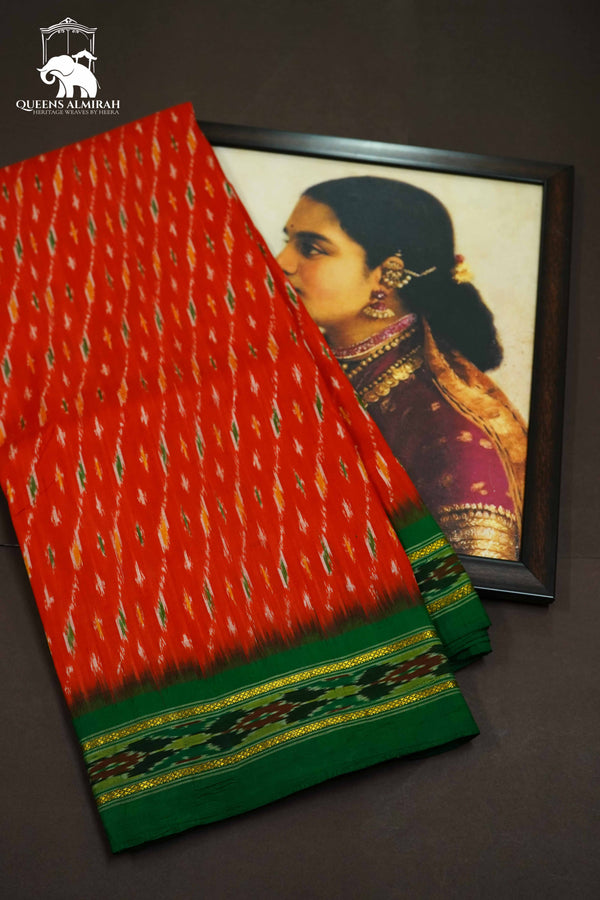 REDISH ORANGE WITH TEA GREEN MULBERRY SILK SAREE - Queens Jewel Emporium
