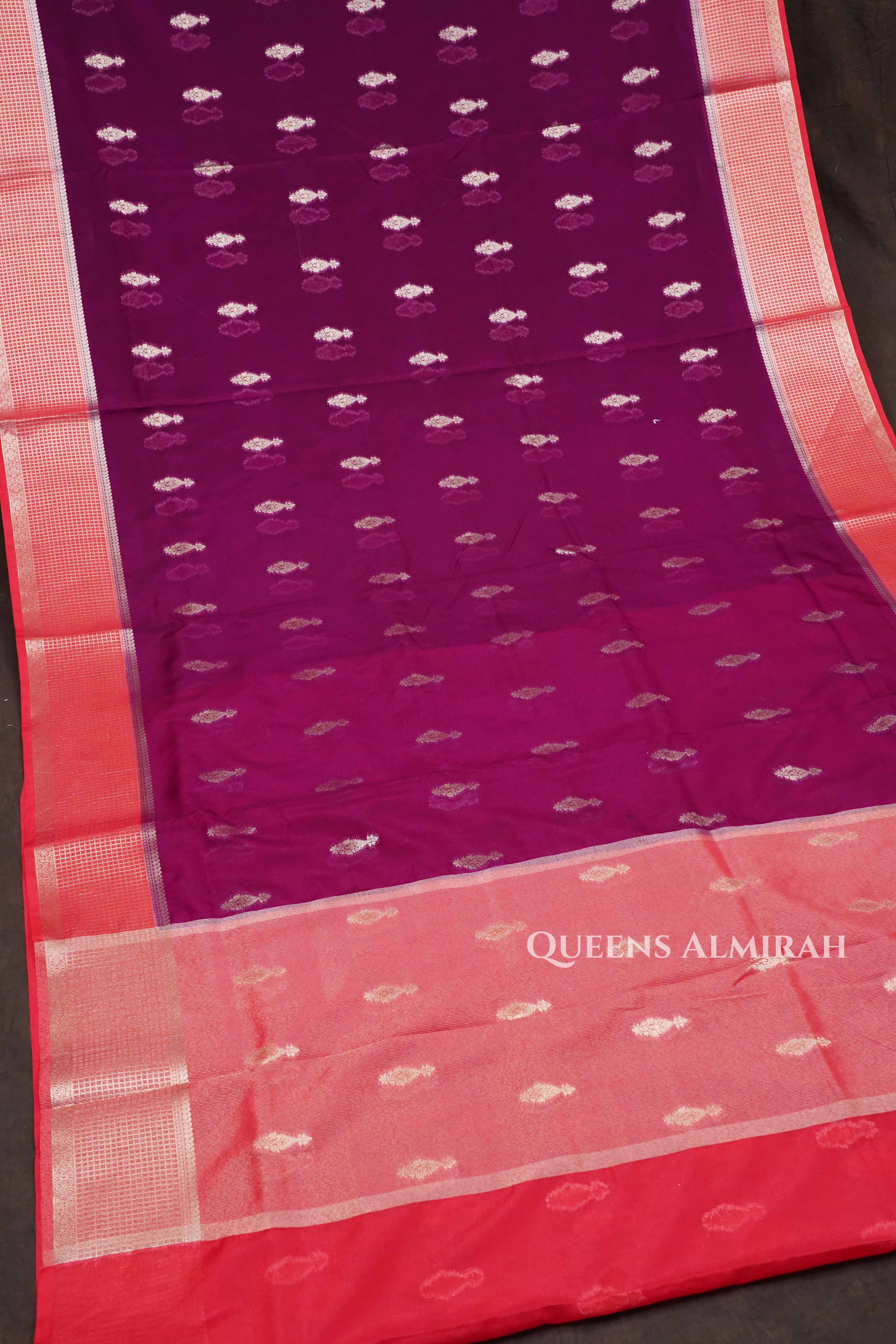 Purple With Red Semi Banarasi Silk Saree