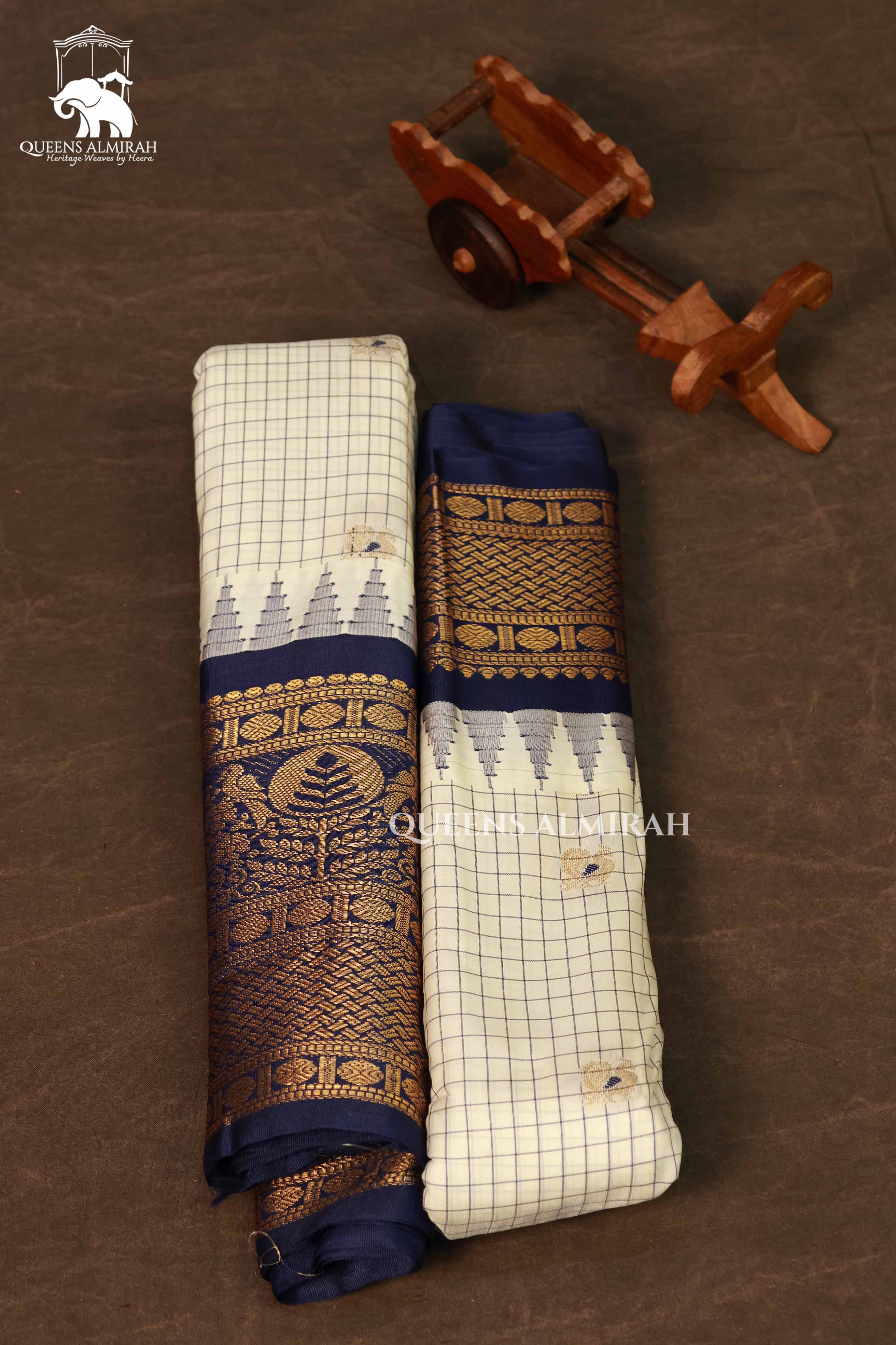 White Kattam With Navy Blue Long And Short Border Semi Gadwal Silk Saree