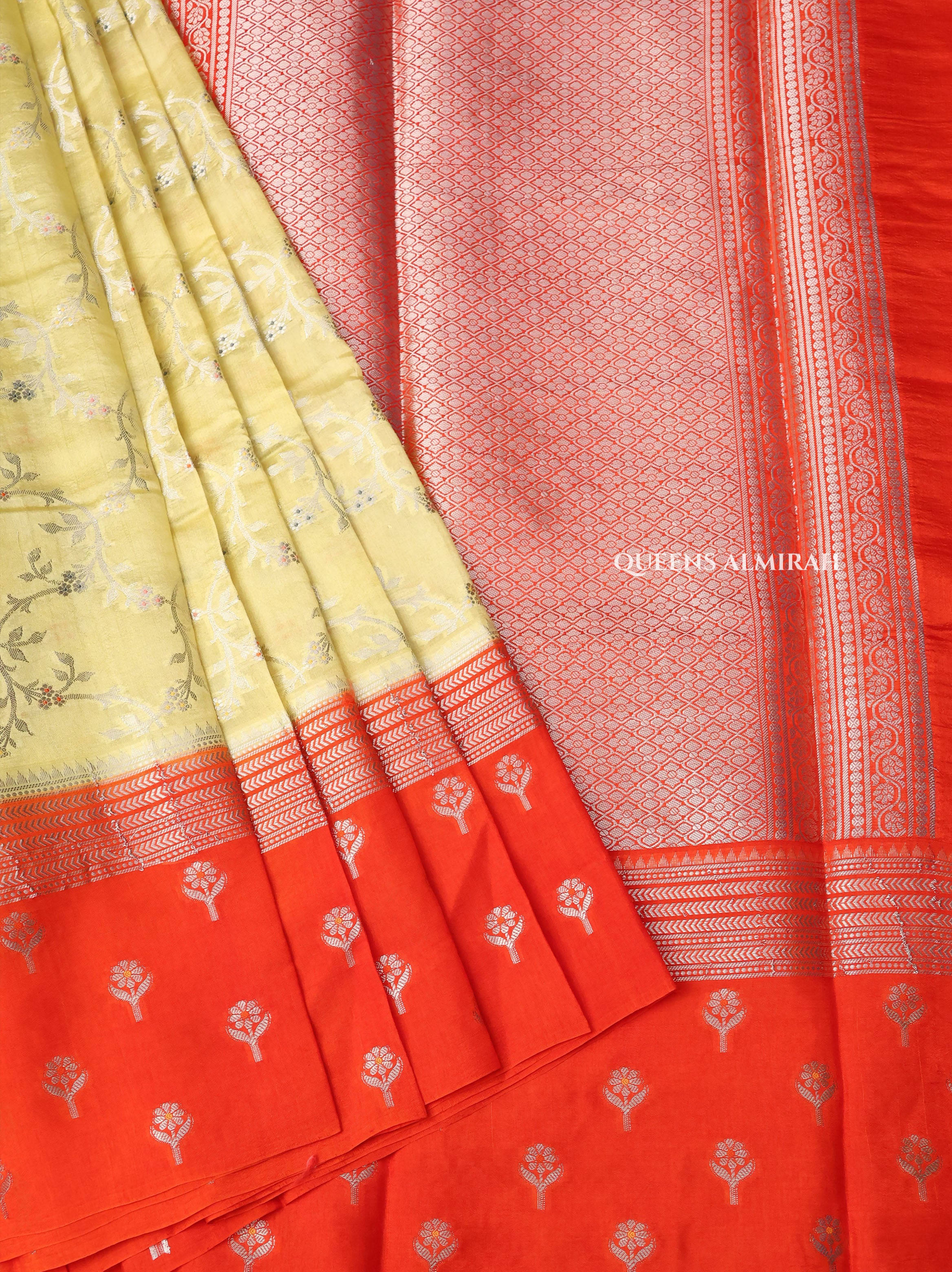 Lime Yellow With Orange Semi Banarasi Silk Saree