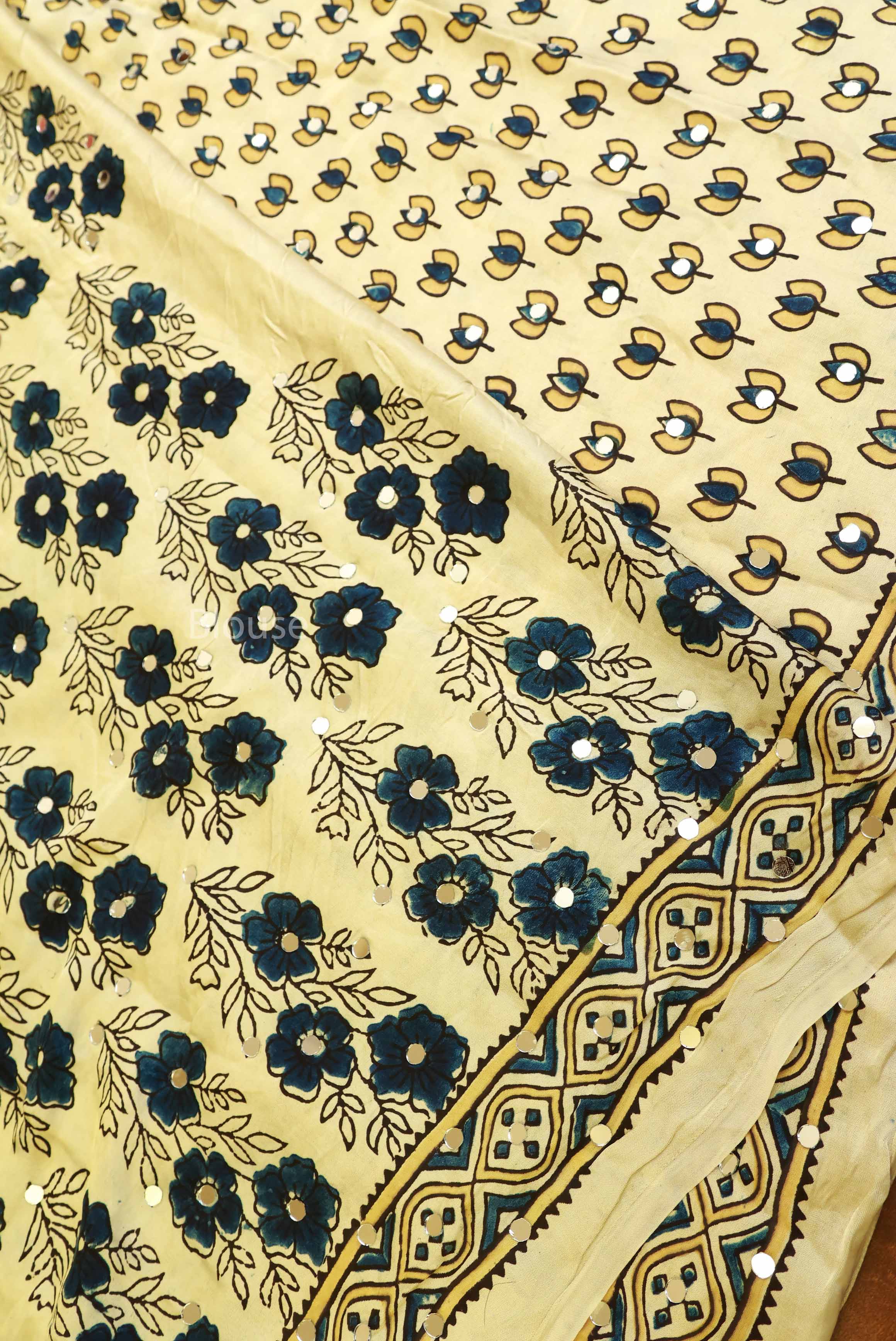 Off White Lotus Motif Mirror Work Ajrakh Modal Silk Saree
