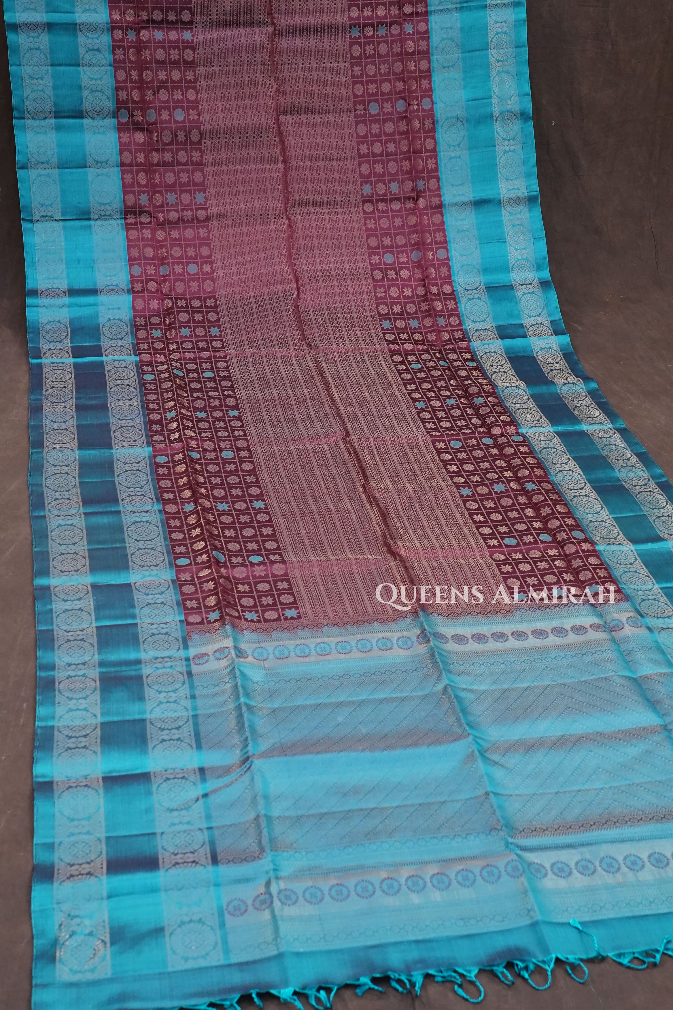Cocoa Bean With Sea Blue Pure Soft Silk Saree
