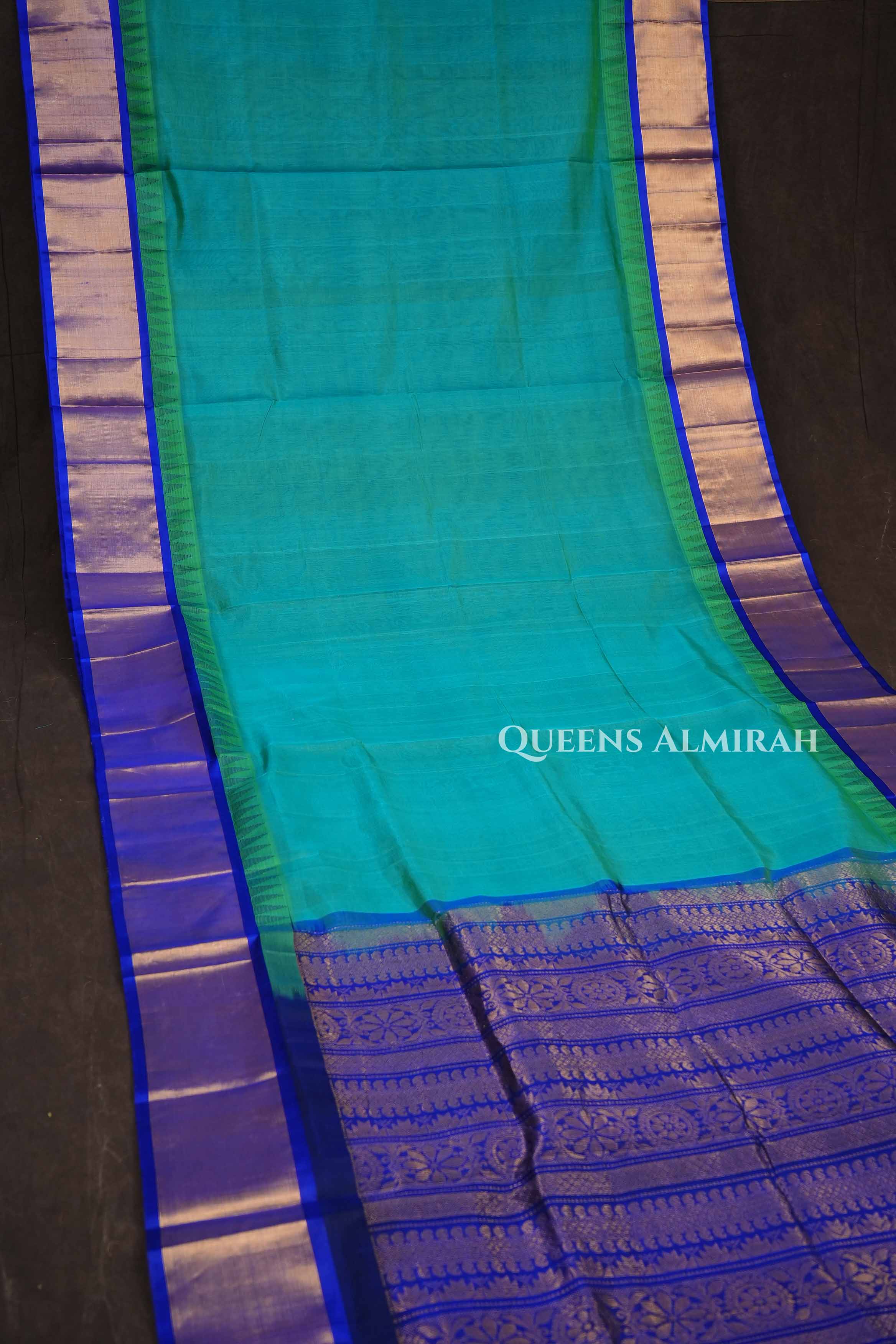 Sea Green With Ms Blue Pure Kanchi Silk Cotton Saree