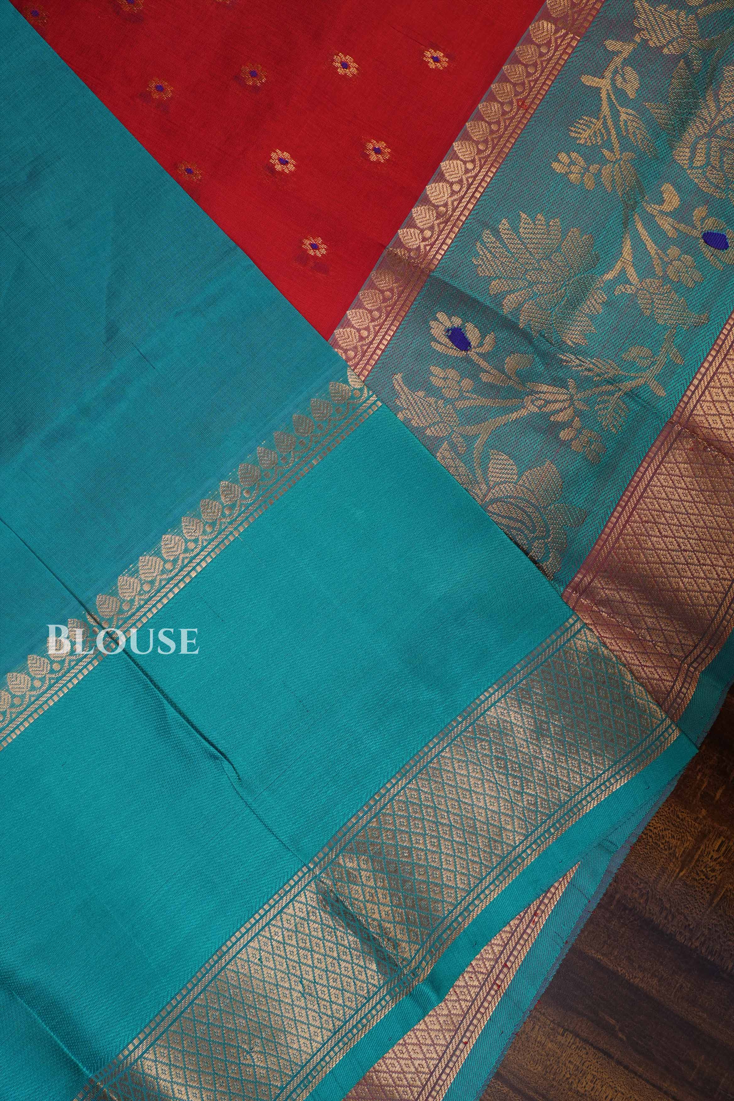 Red With Sea Blue Pure Kanchi Silk Cotton Saree