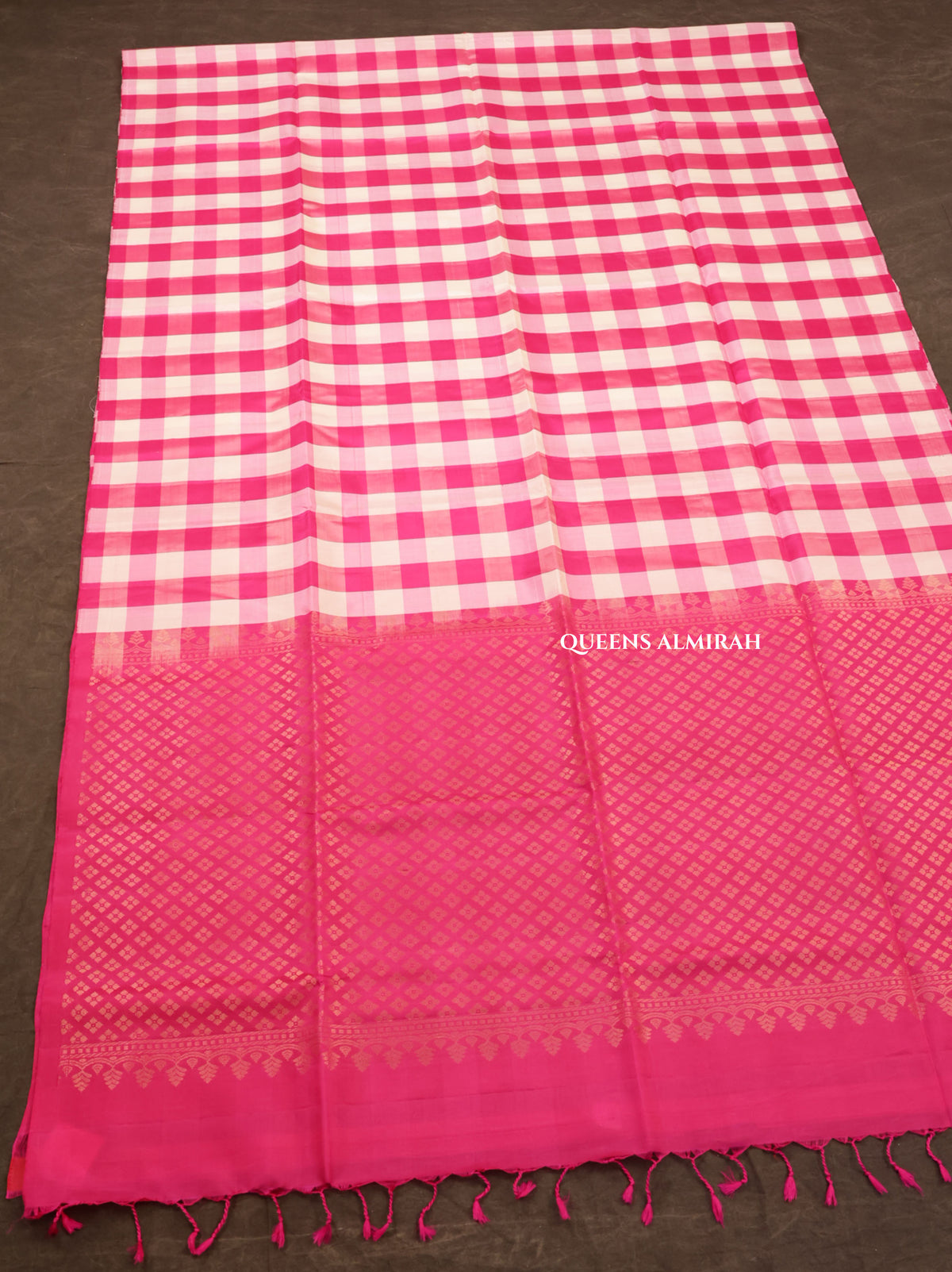 White With Pink Checks Pure Soft Silk Saree