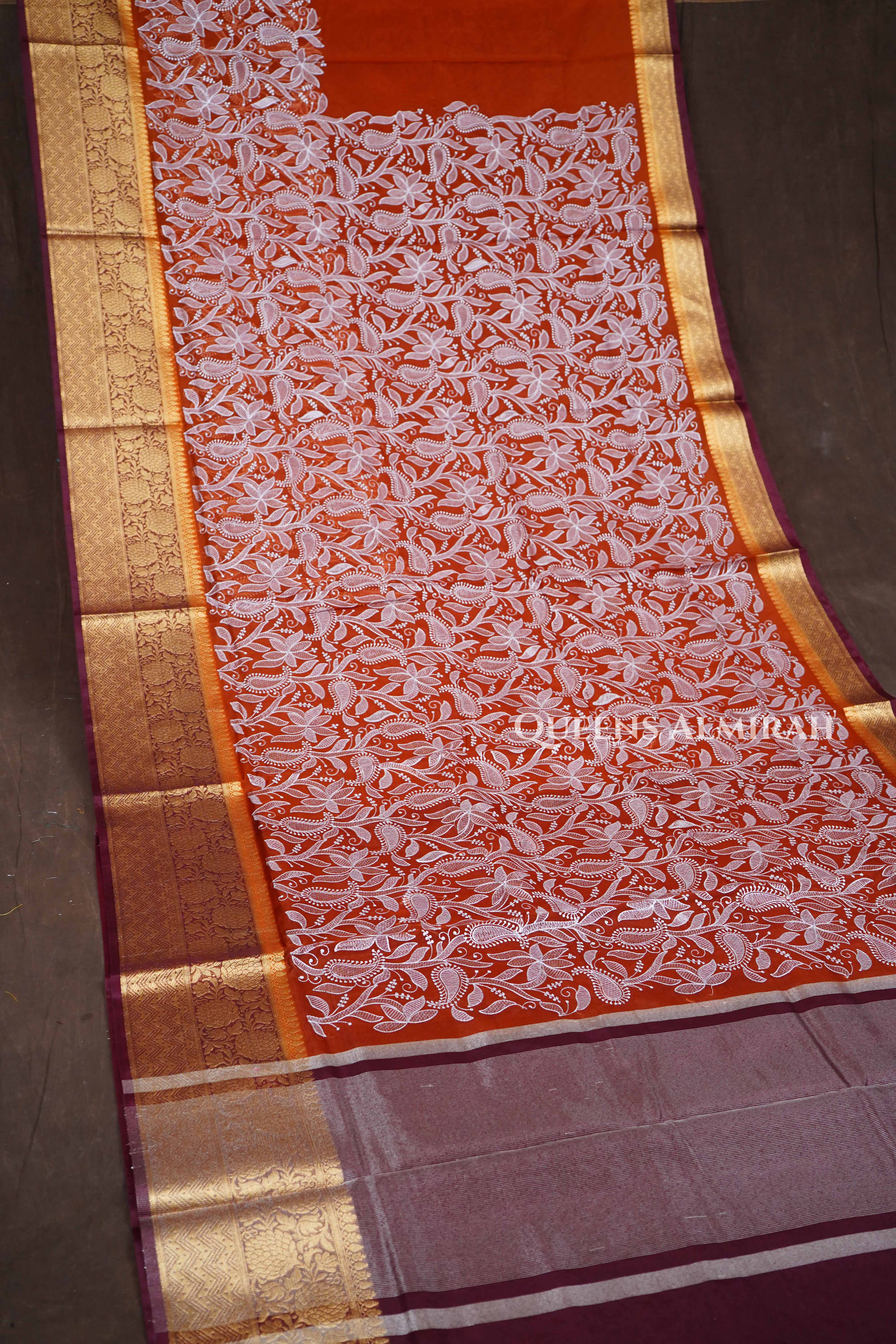 Rust Orange With Cocoa Bean Semi Banarasi Silk Saree