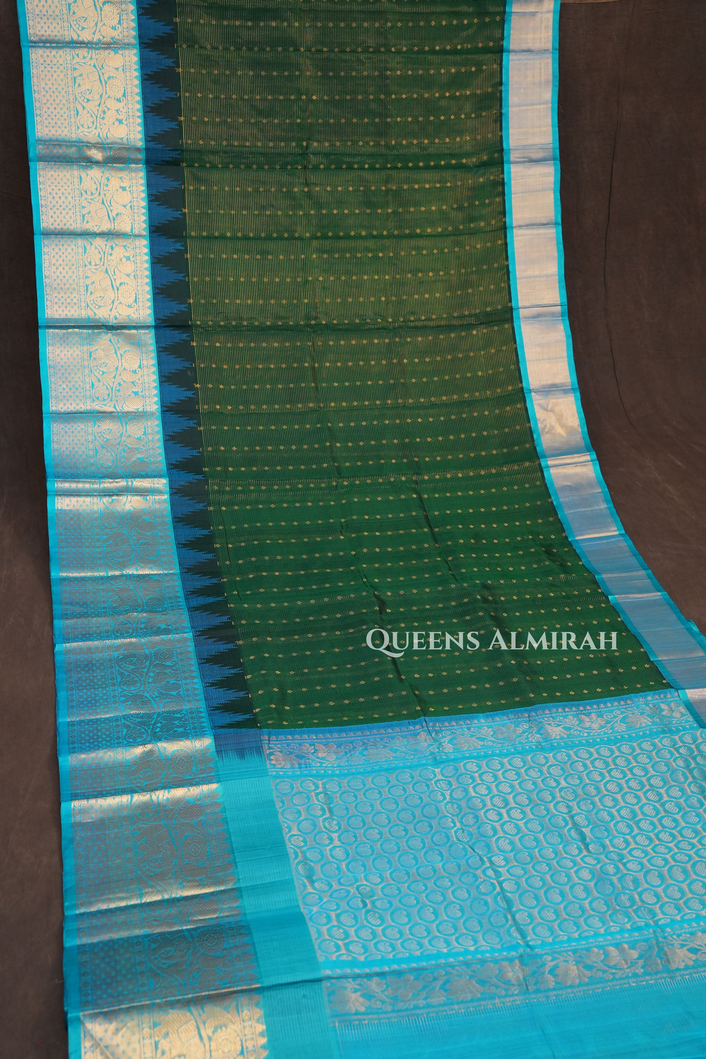 Bottle Green With Sky Blue Pure Kanchi Silk Cotton Saree