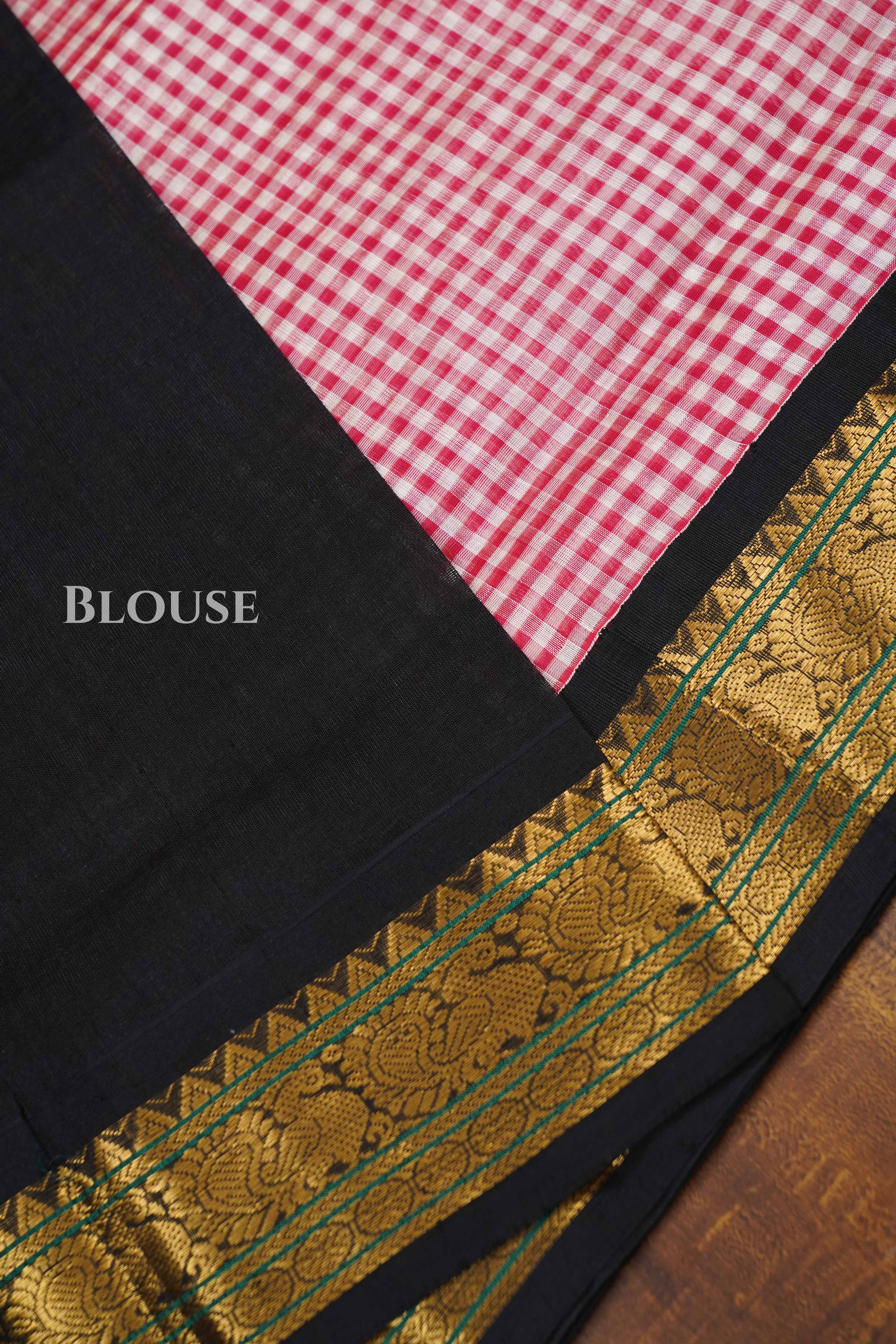 White And Red Checked With Black Pure Silk Cotton Saree