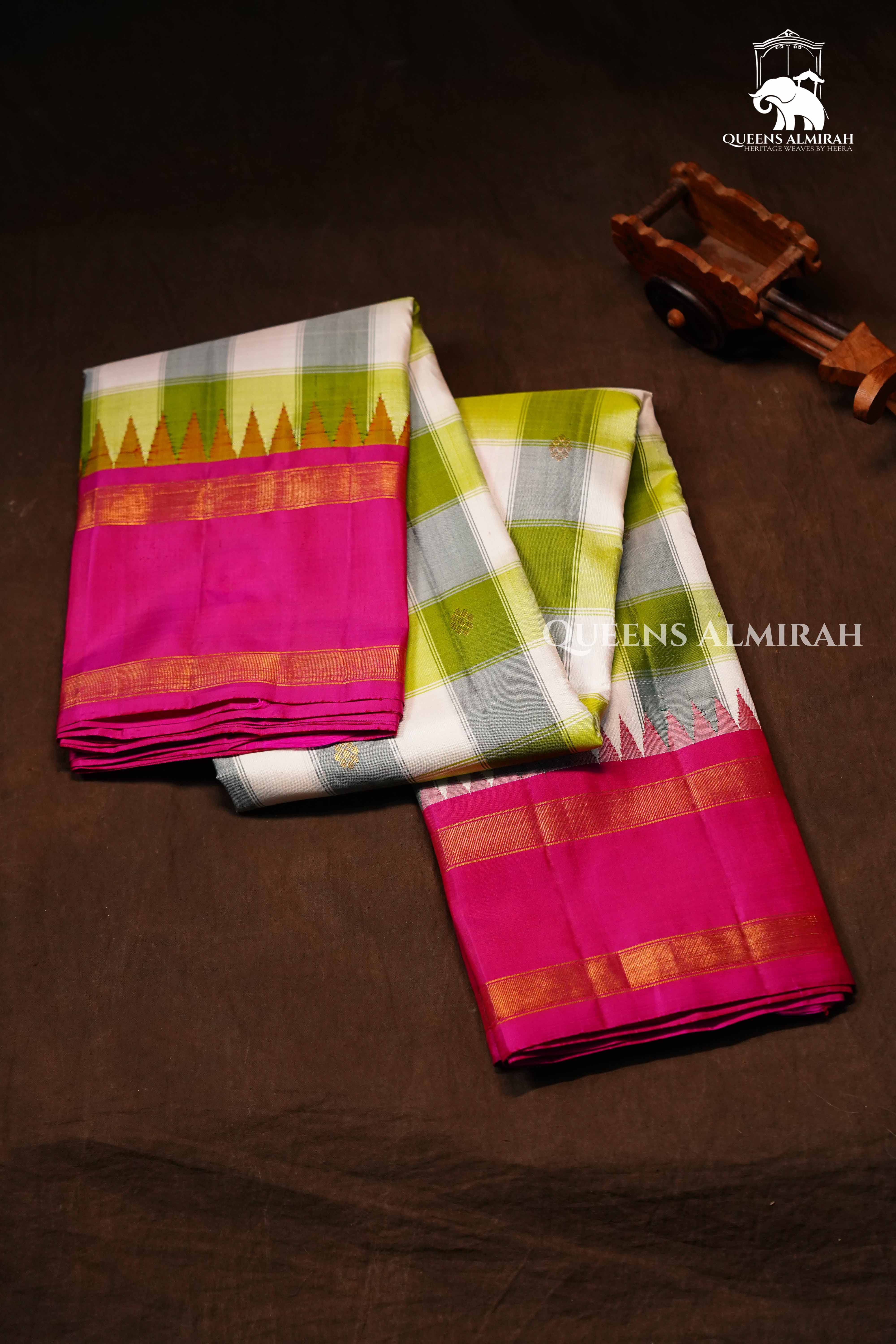Olive Green And White Checks With Pink Border Kanchivaram Silk Saree