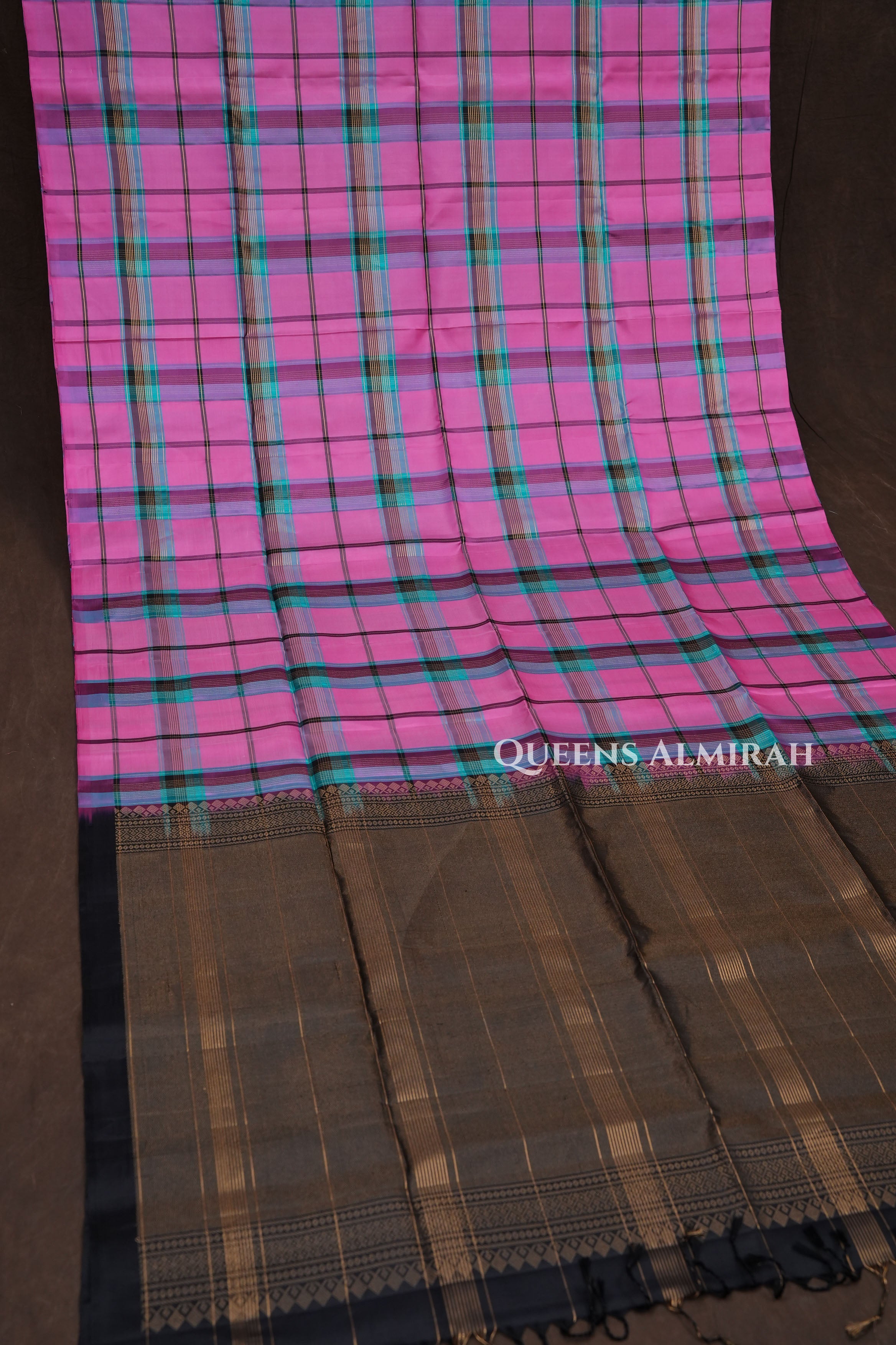 Pink With Turquoise Blue Burberry Checks Pure Soft Silk Saree