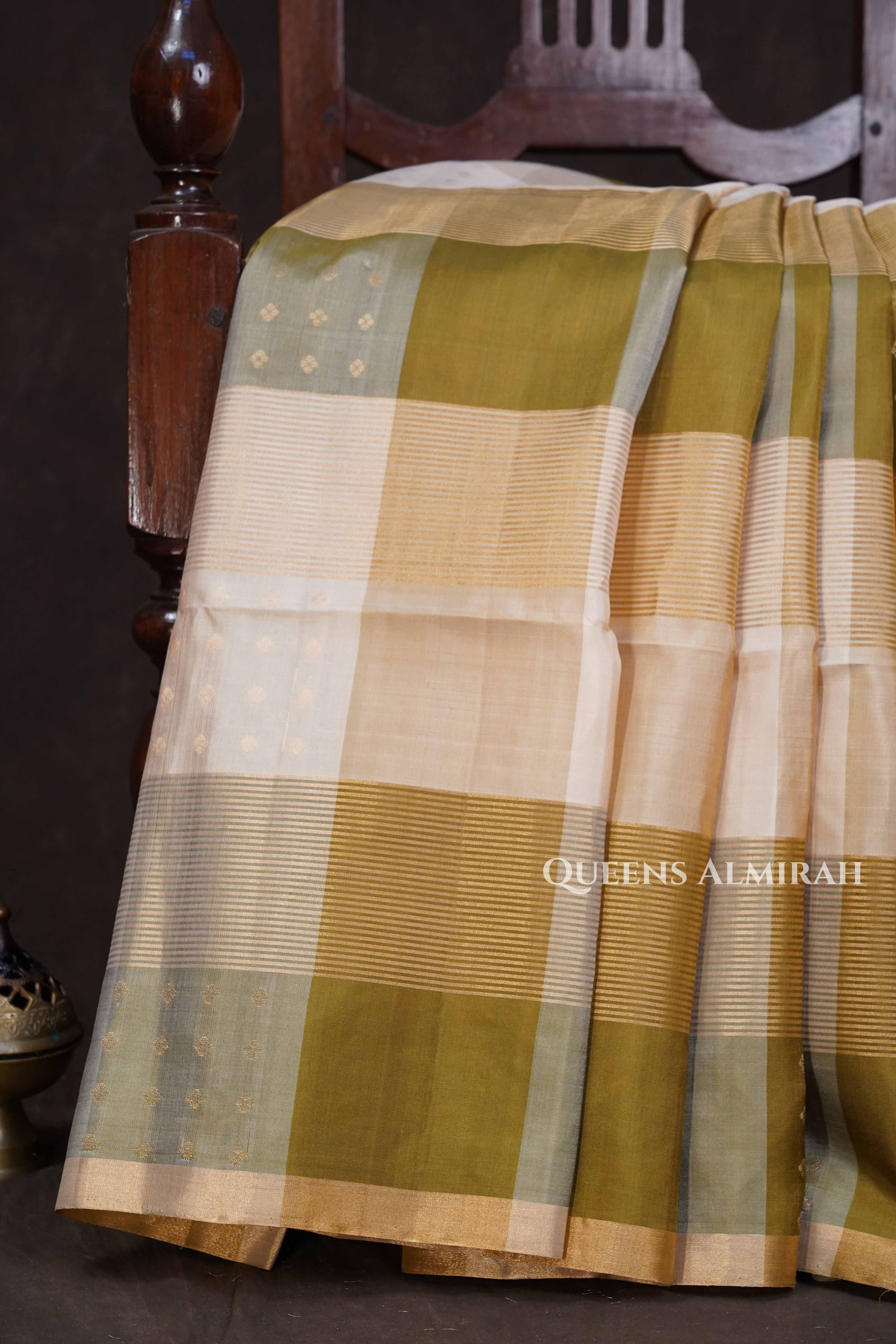 Ivory With Olive Checks Pure Soft Silk Saree