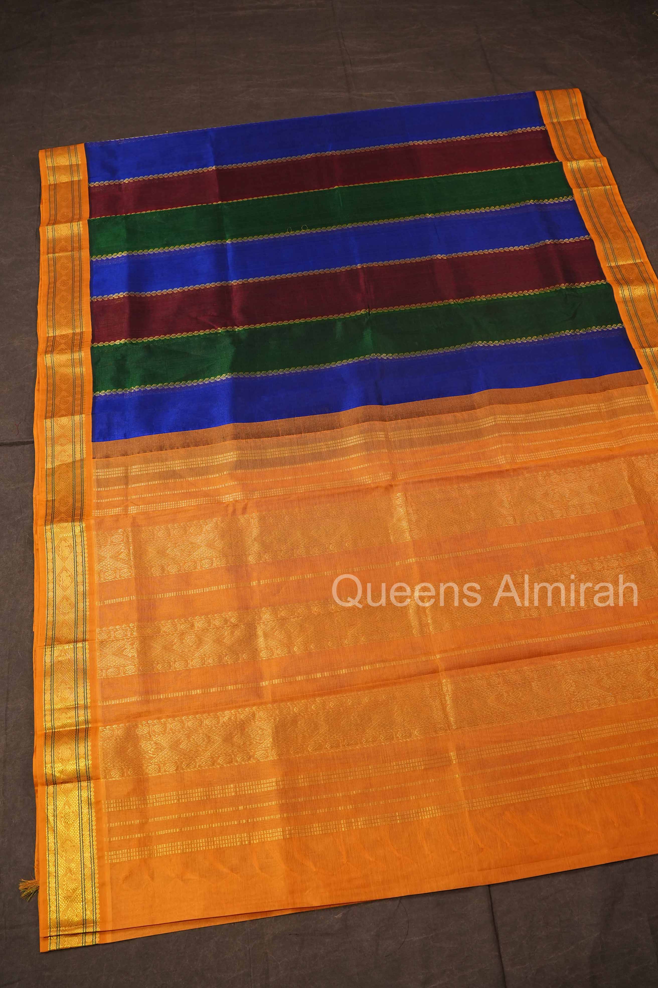 Multi Color With Yellow Border Pure Silk Cotton Saree
