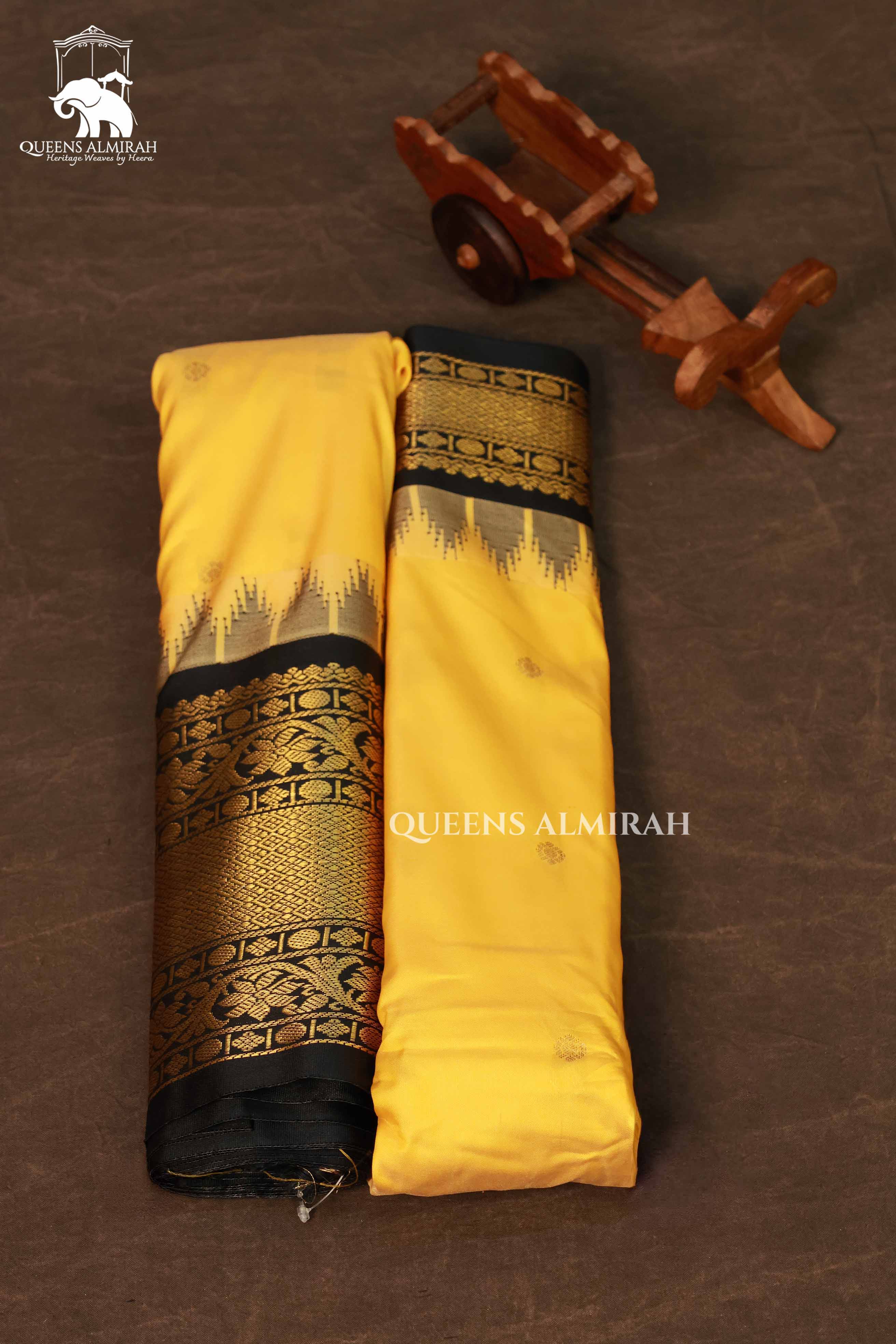 Yellow With Brown Semi Gadwal Silk Saree