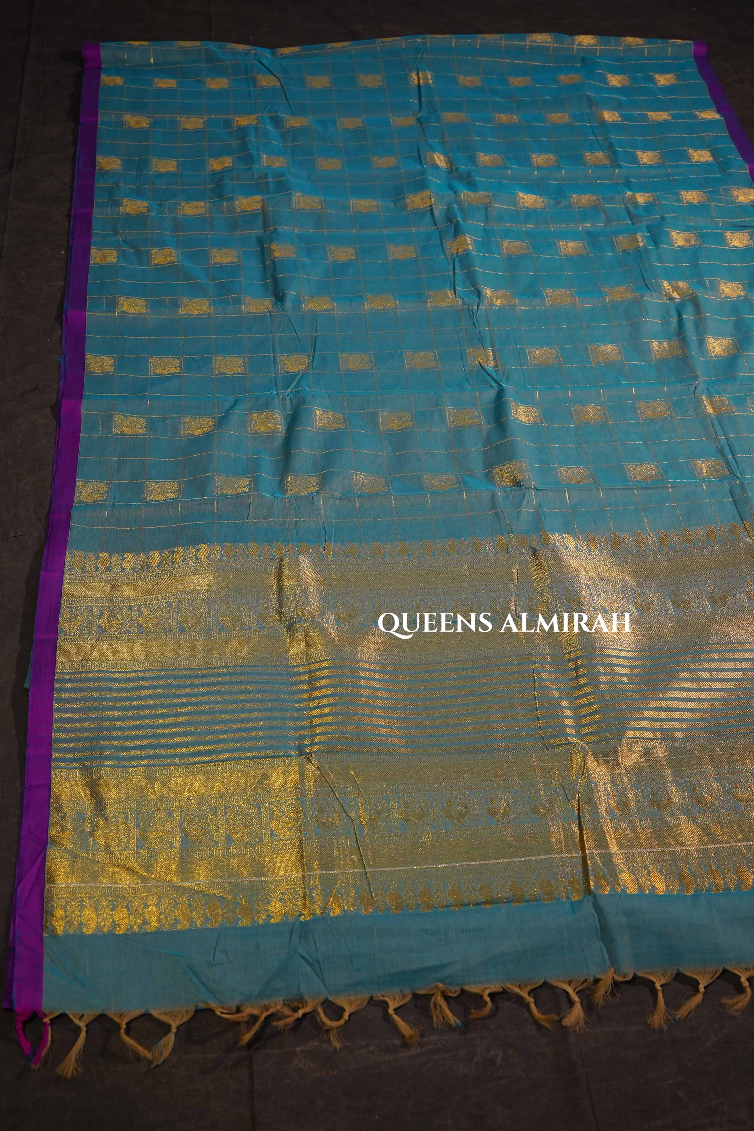 Pastel Blue Kattam With Peacock Butta Kanchi Cotton Saree