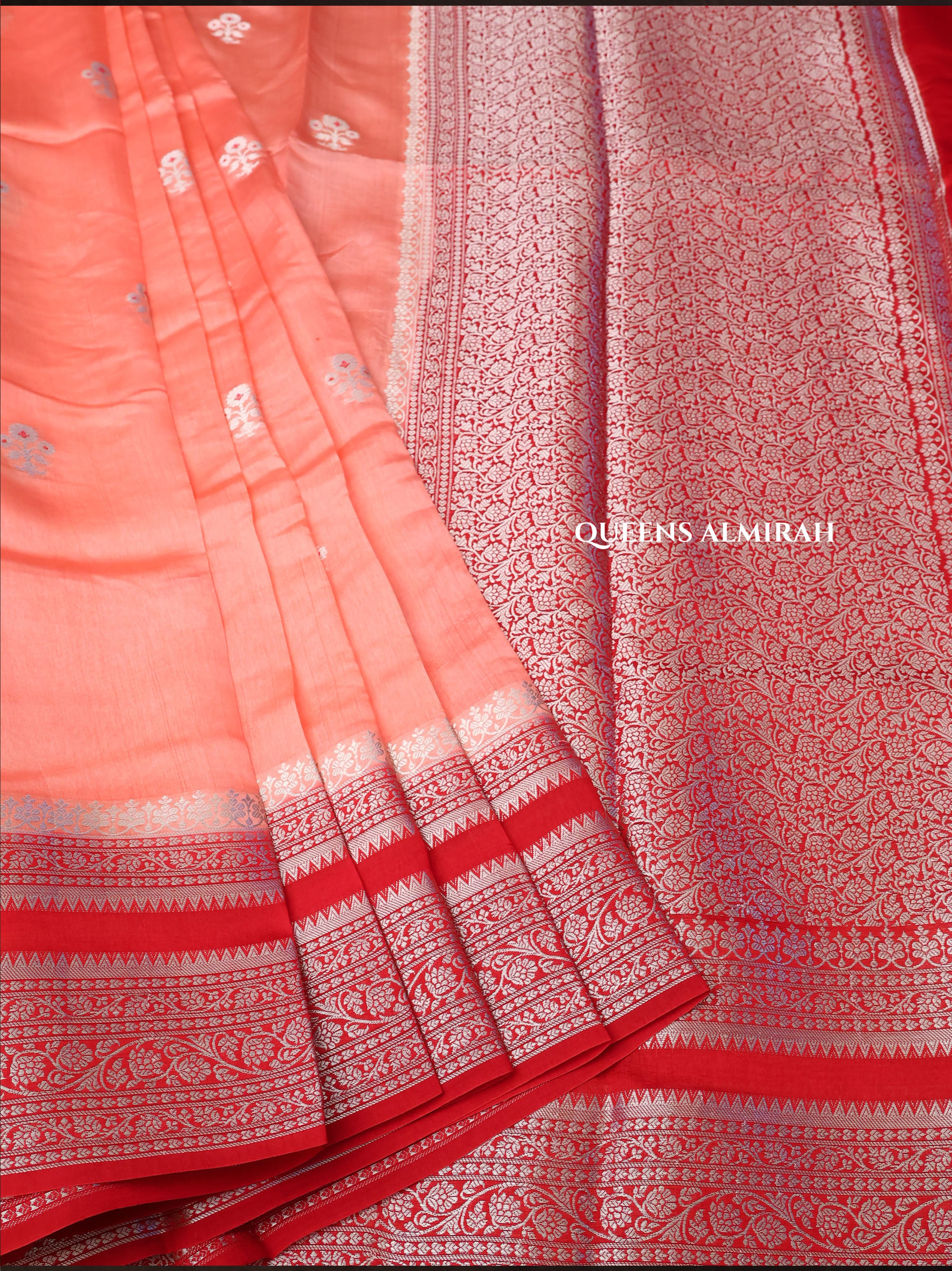 Peach With Red Semi Banarasi Silk Saree