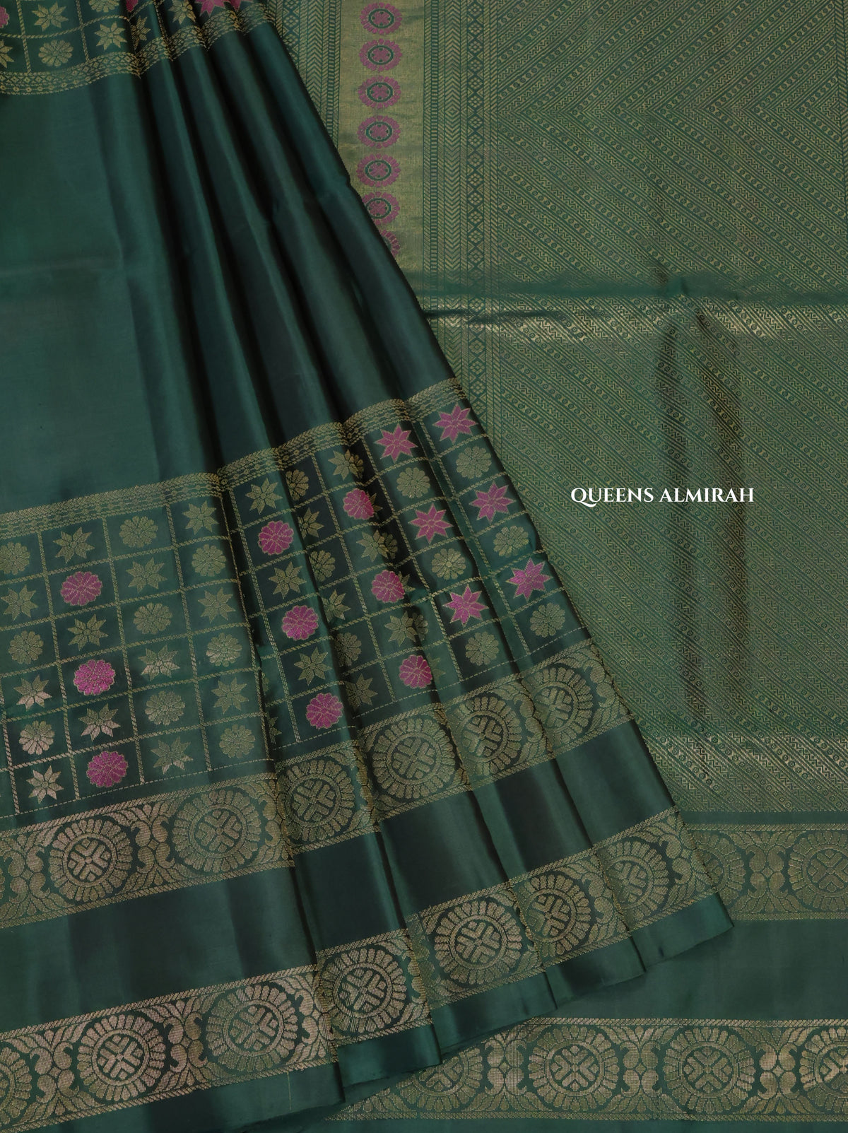 Dark Green Athangudi Inspired Pure Soft Silk Saree