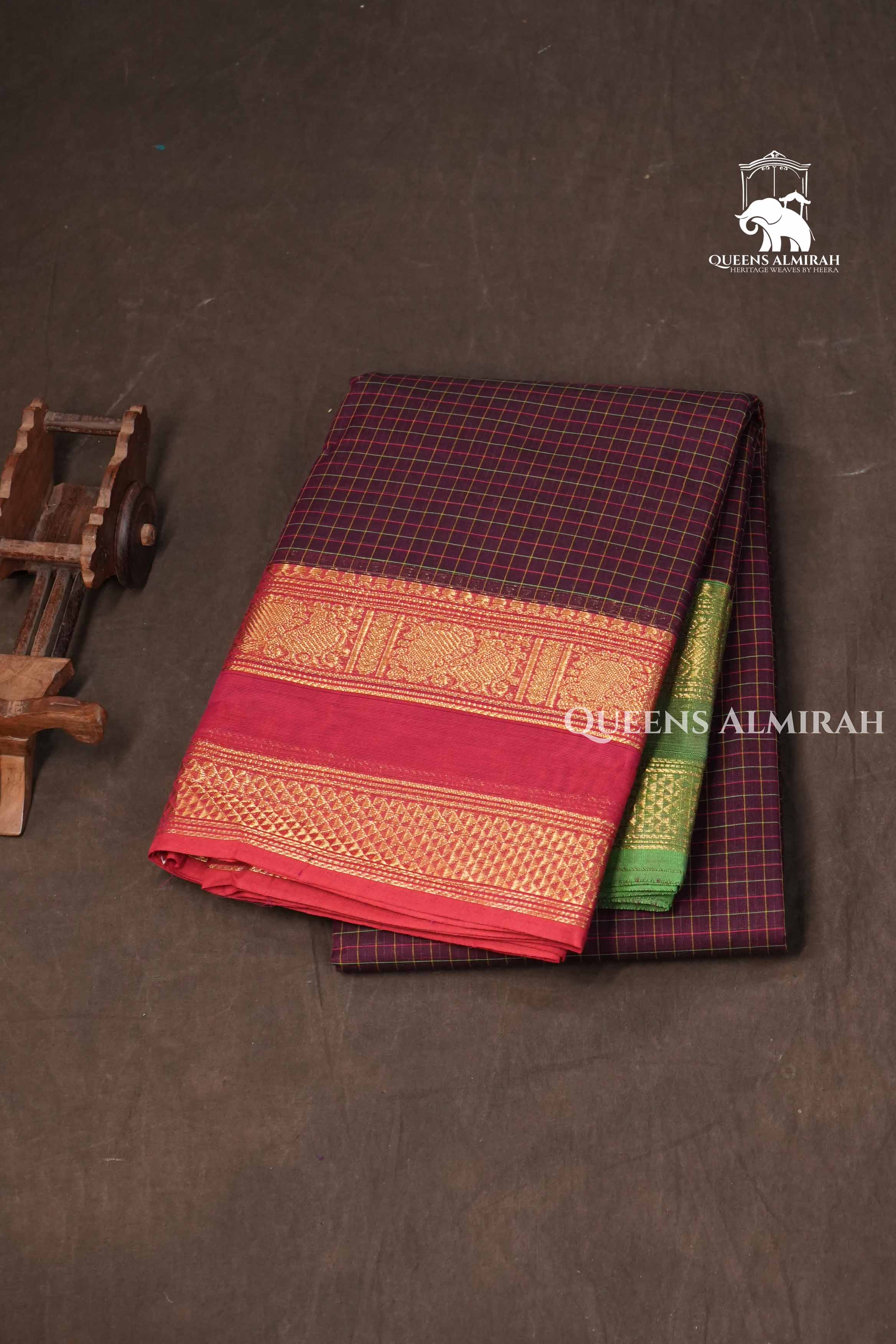 Dark Maroon With Ganga Jamuna Border Kanchi Cotton Saree