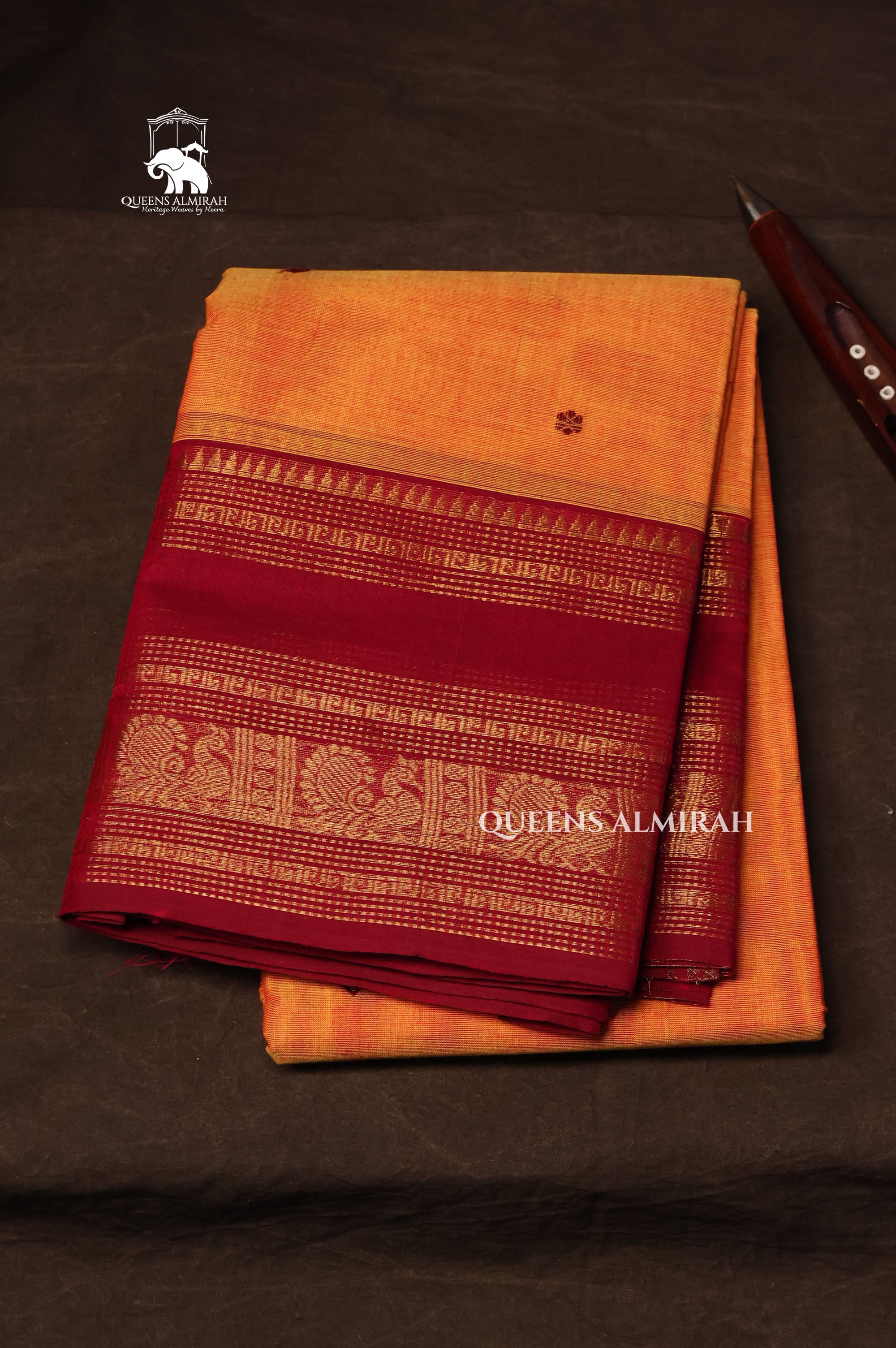 Orange With Red Kanchi Cotton Saree