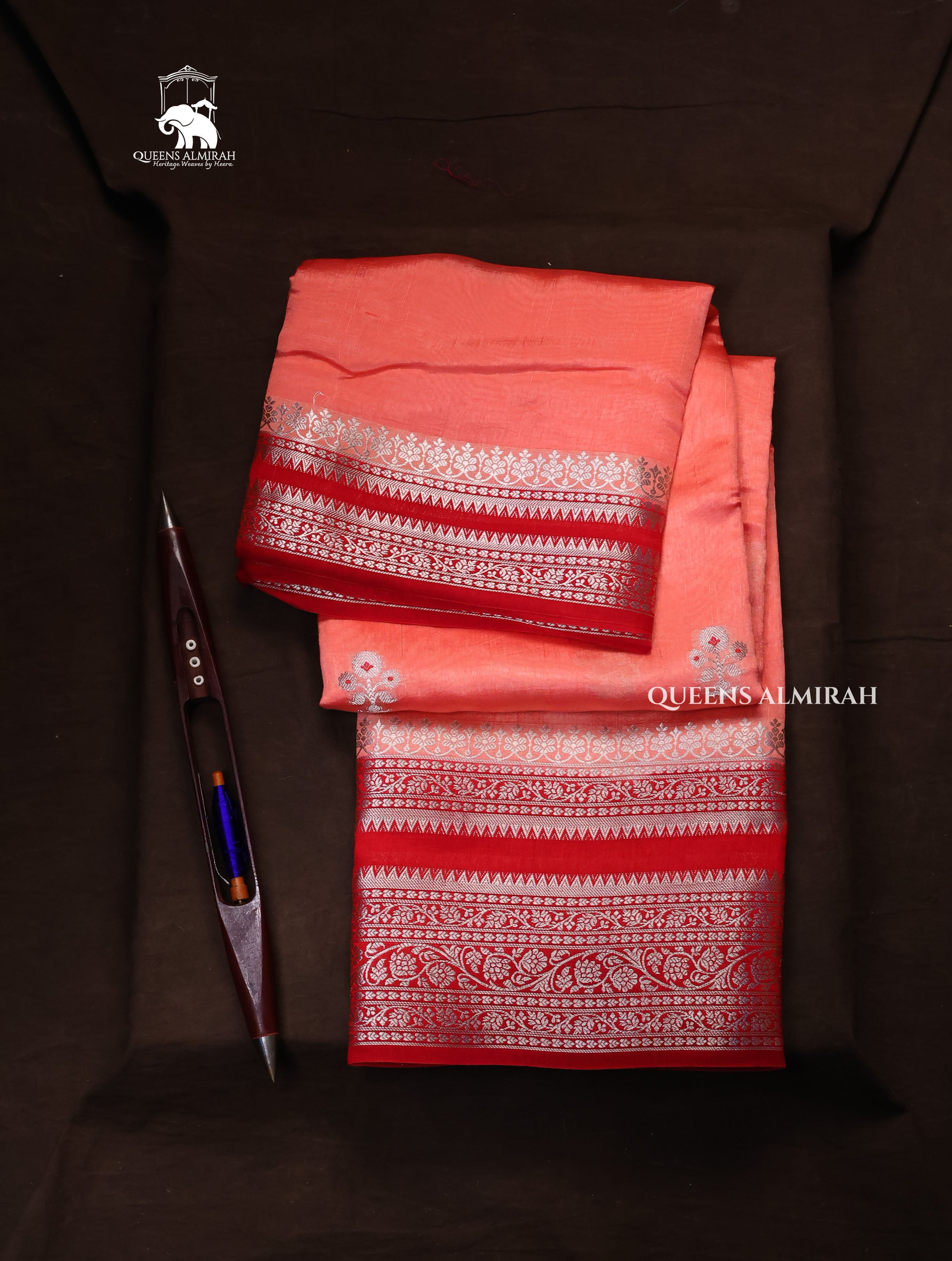 Peach With Red Semi Banarasi Silk Saree