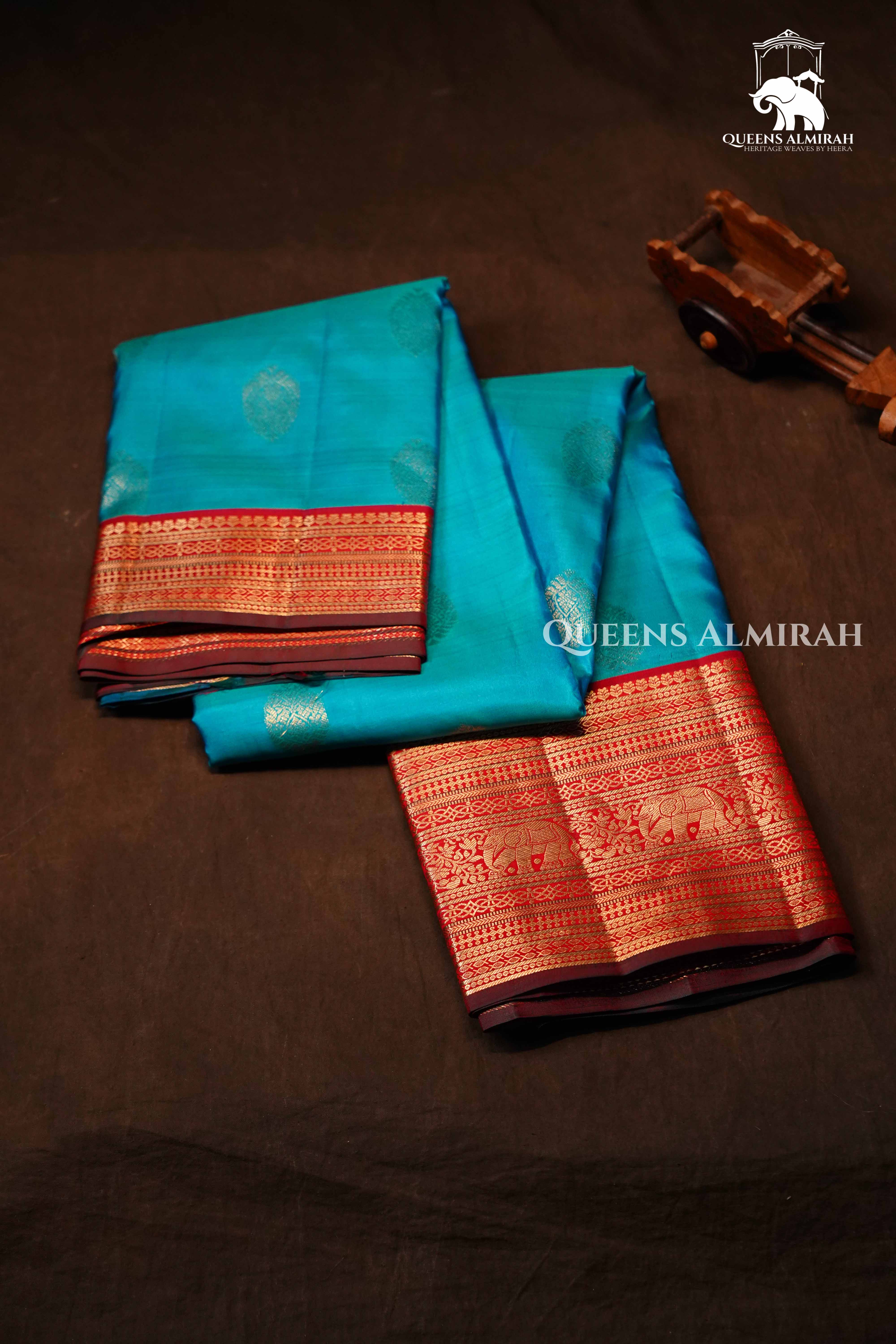 Turquoise Blue With Long And Short Red Border Kanchivaram Silk Saree