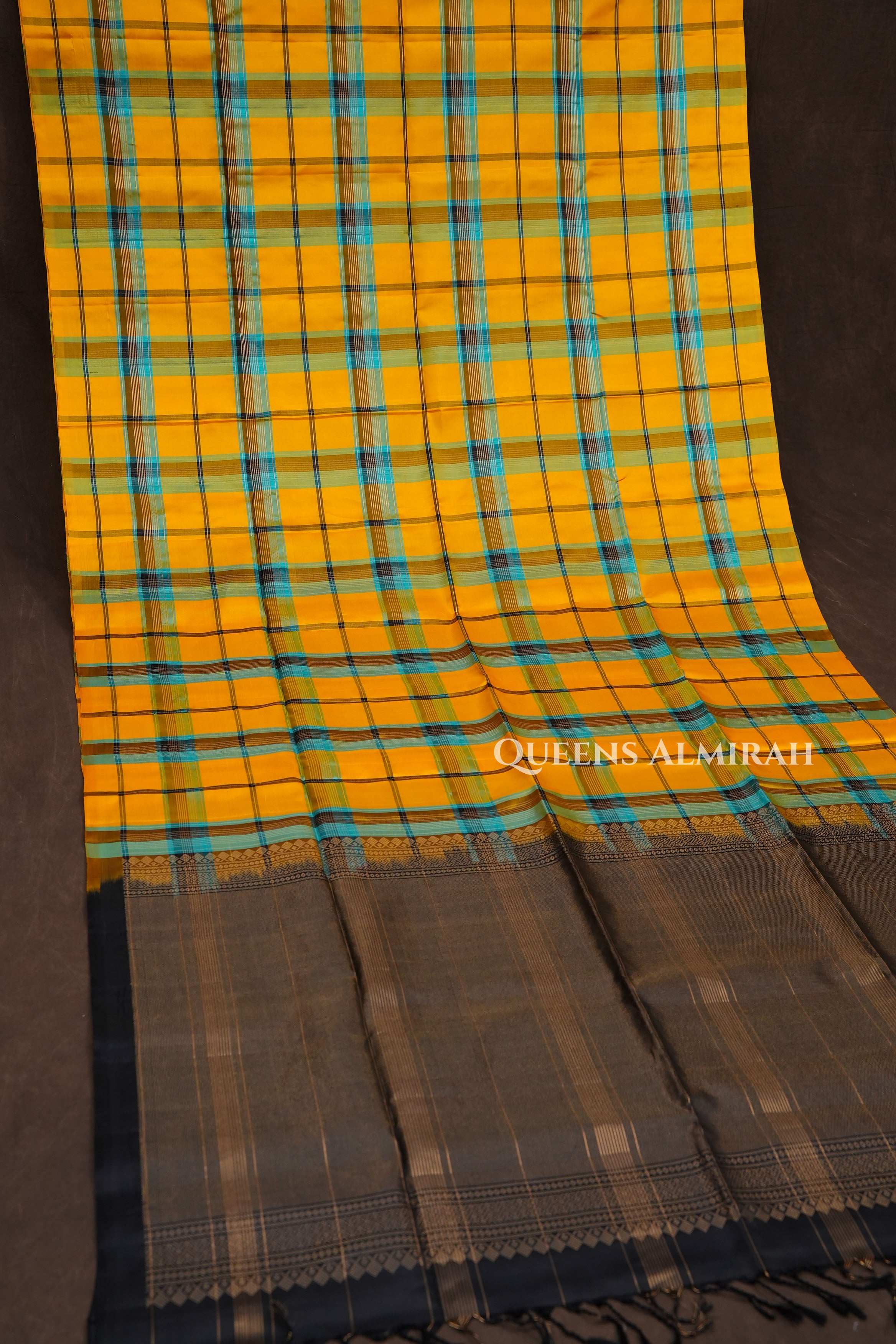 Yellow With Turquoise Blue Burberry Checks Pure Soft Silk Saree