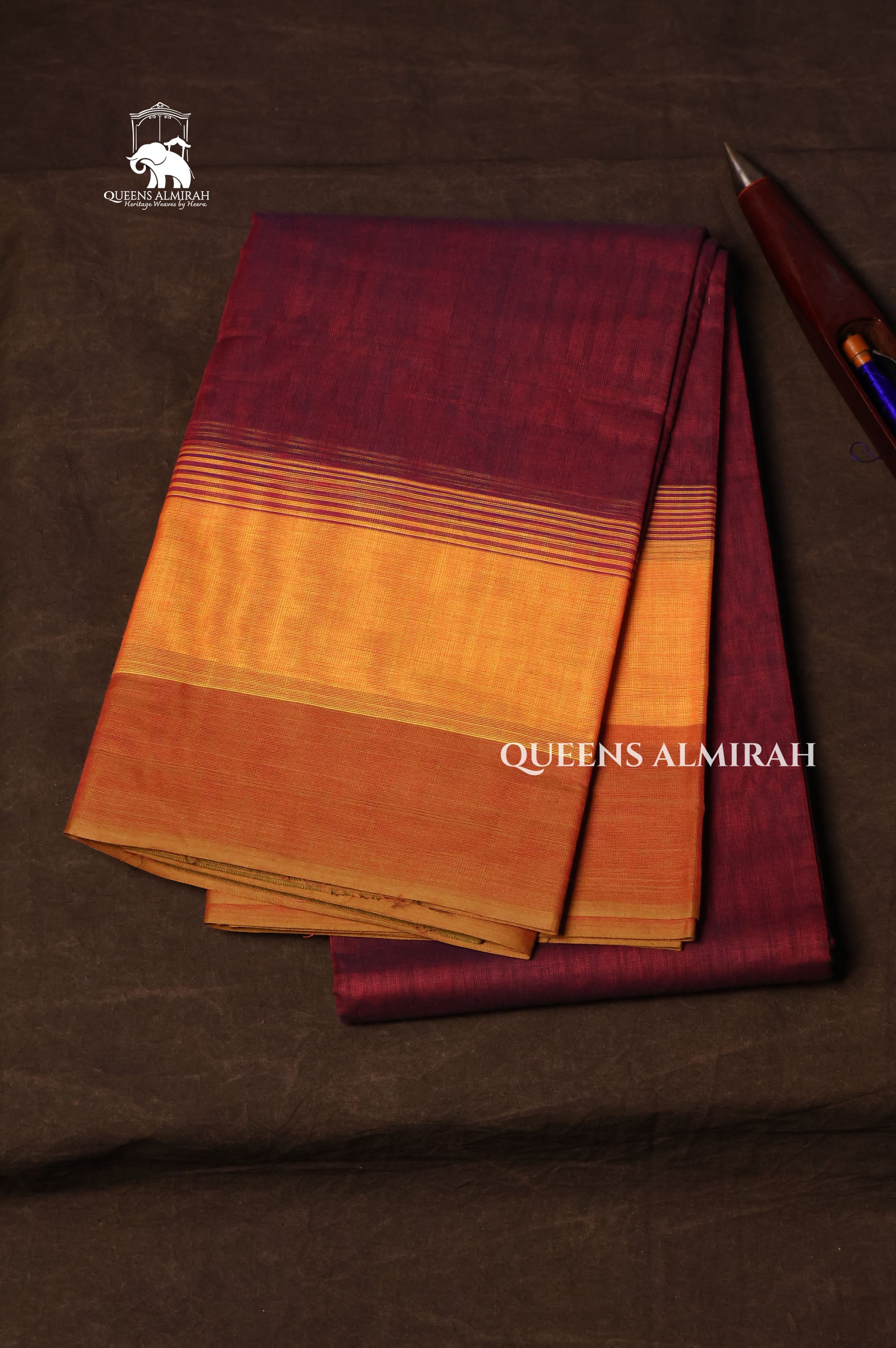 Wine With Yellow Chettinad Cotton Saree