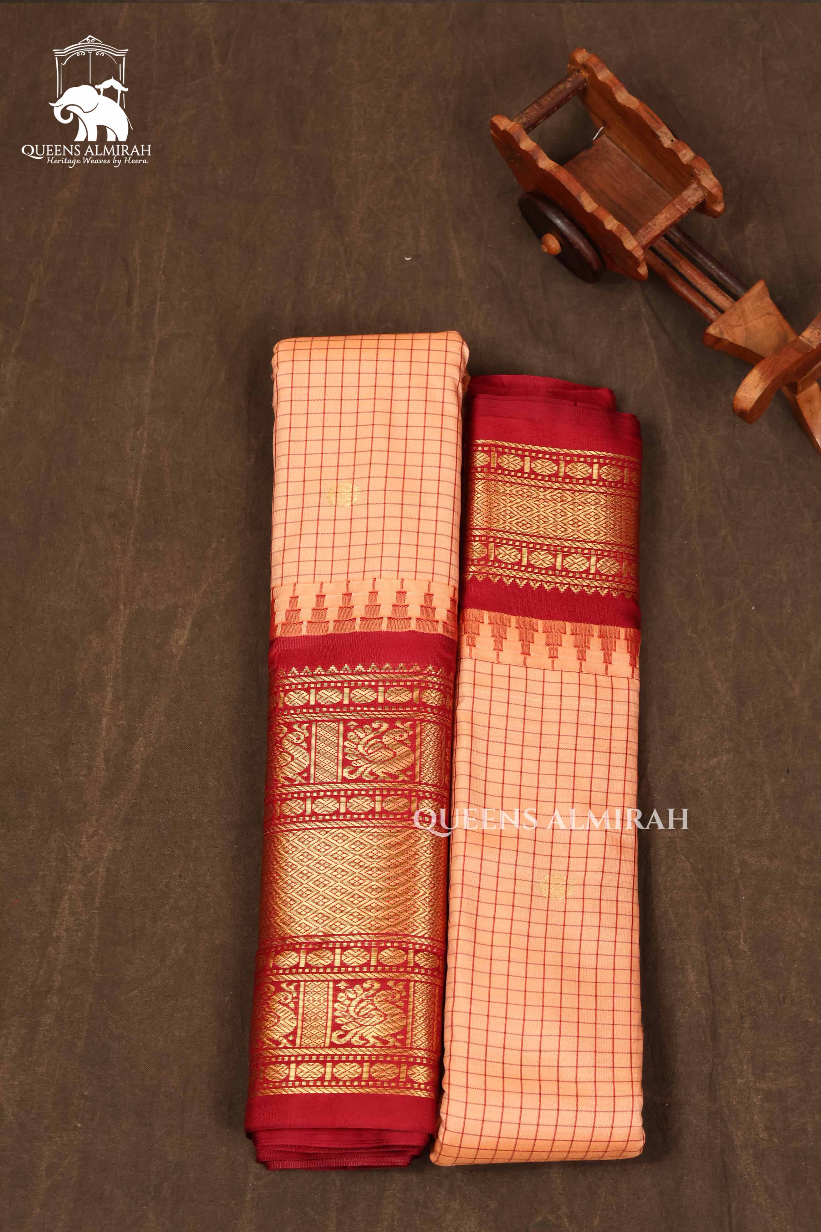 Peach Orange Kattam With Maroon Semi Gadwal Silk Saree