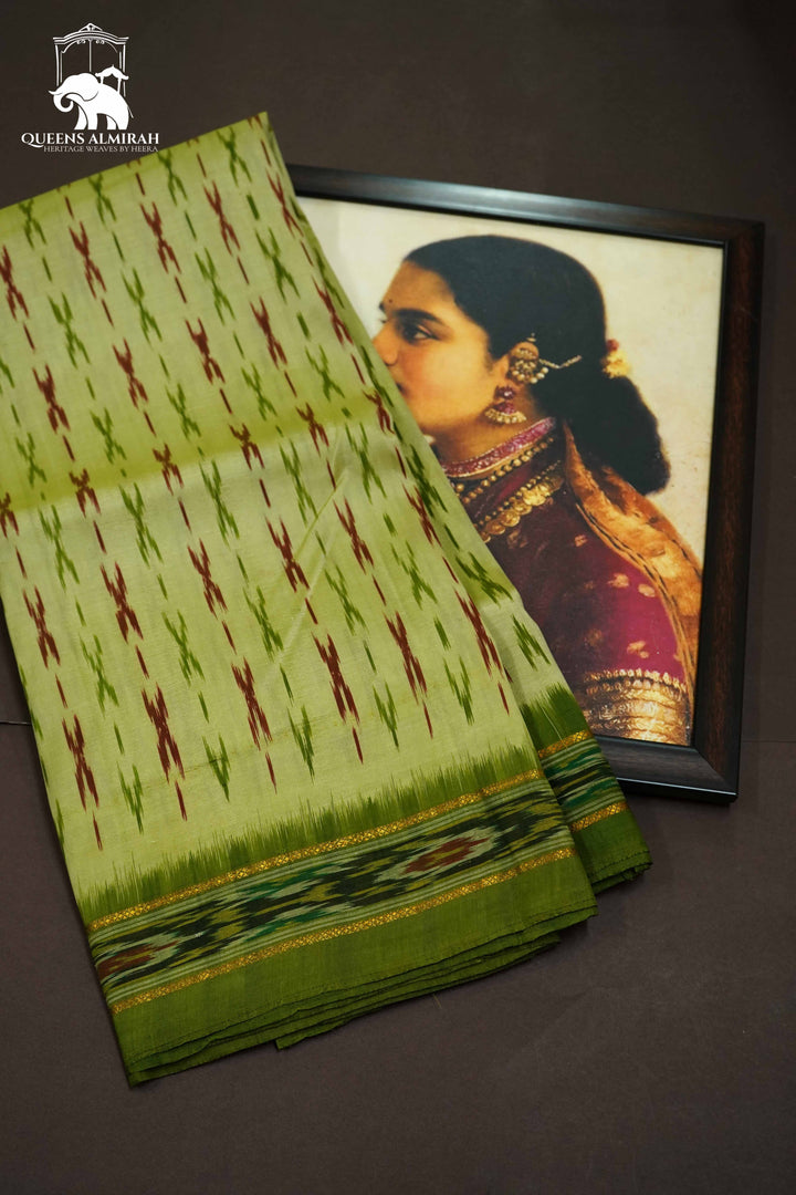 LIGHT OLIVE GREEN WITH PICKLE GREEN MULBERRY SILK SAREE - Queens Jewel Emporium