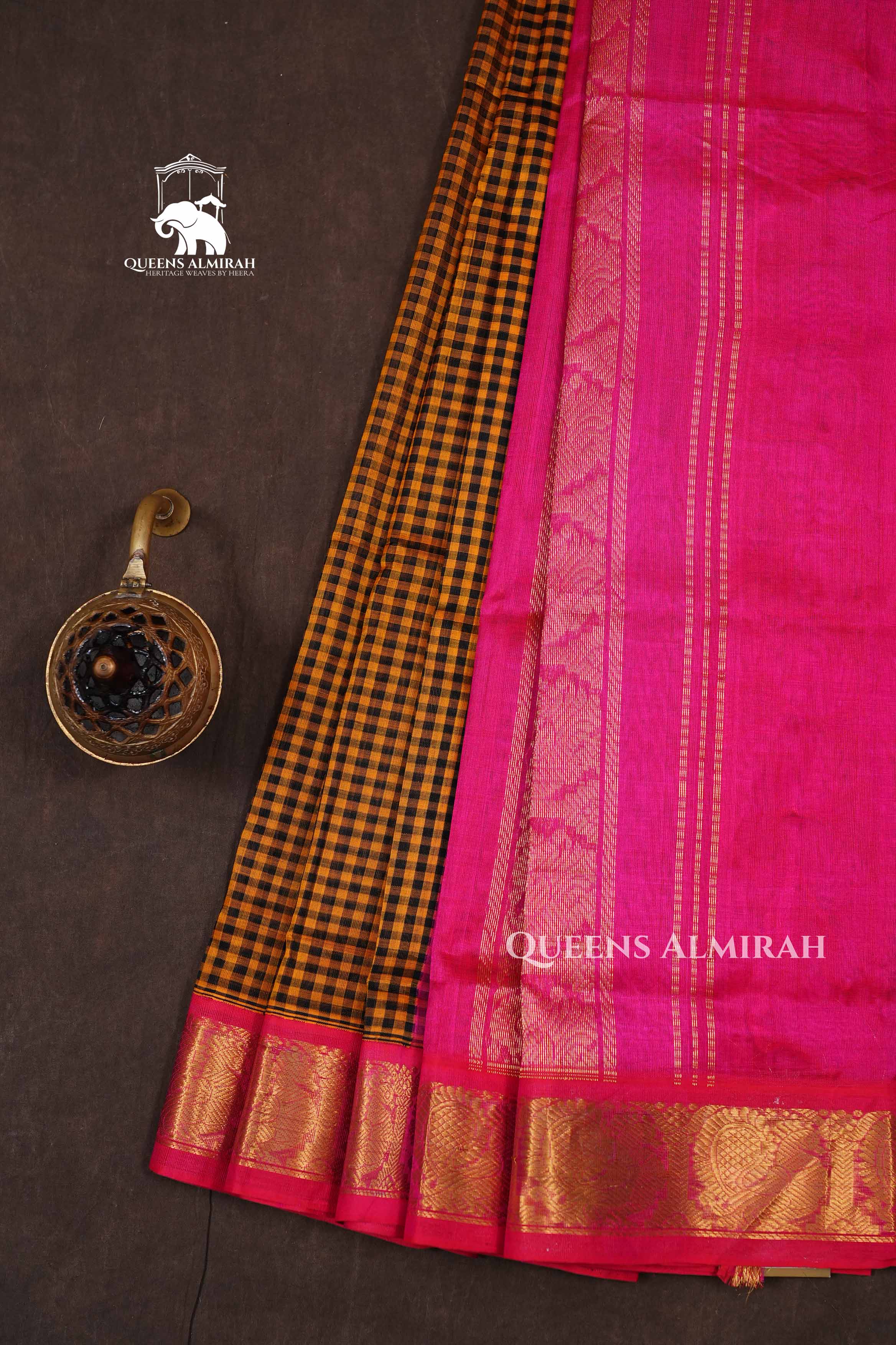 Honey Brown Checked With Pink Pure Silk Cotton Saree