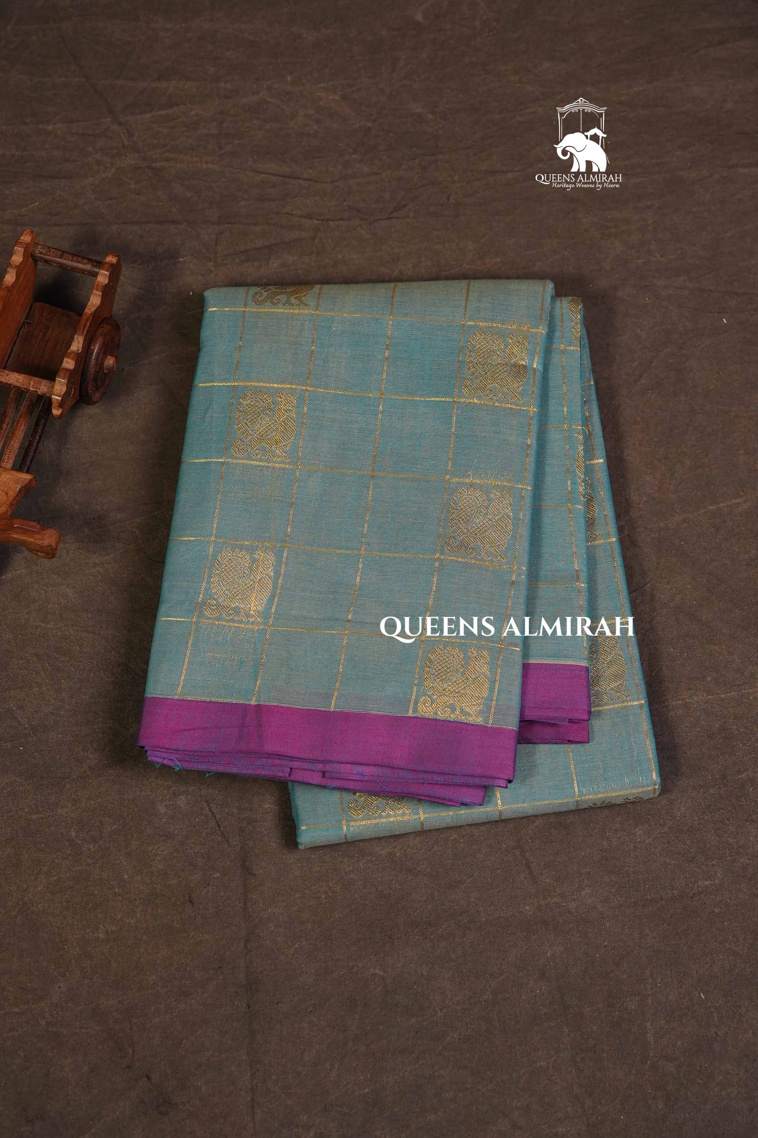 Pastel Blue Kattam With Peacock Butta Kanchi Cotton Saree