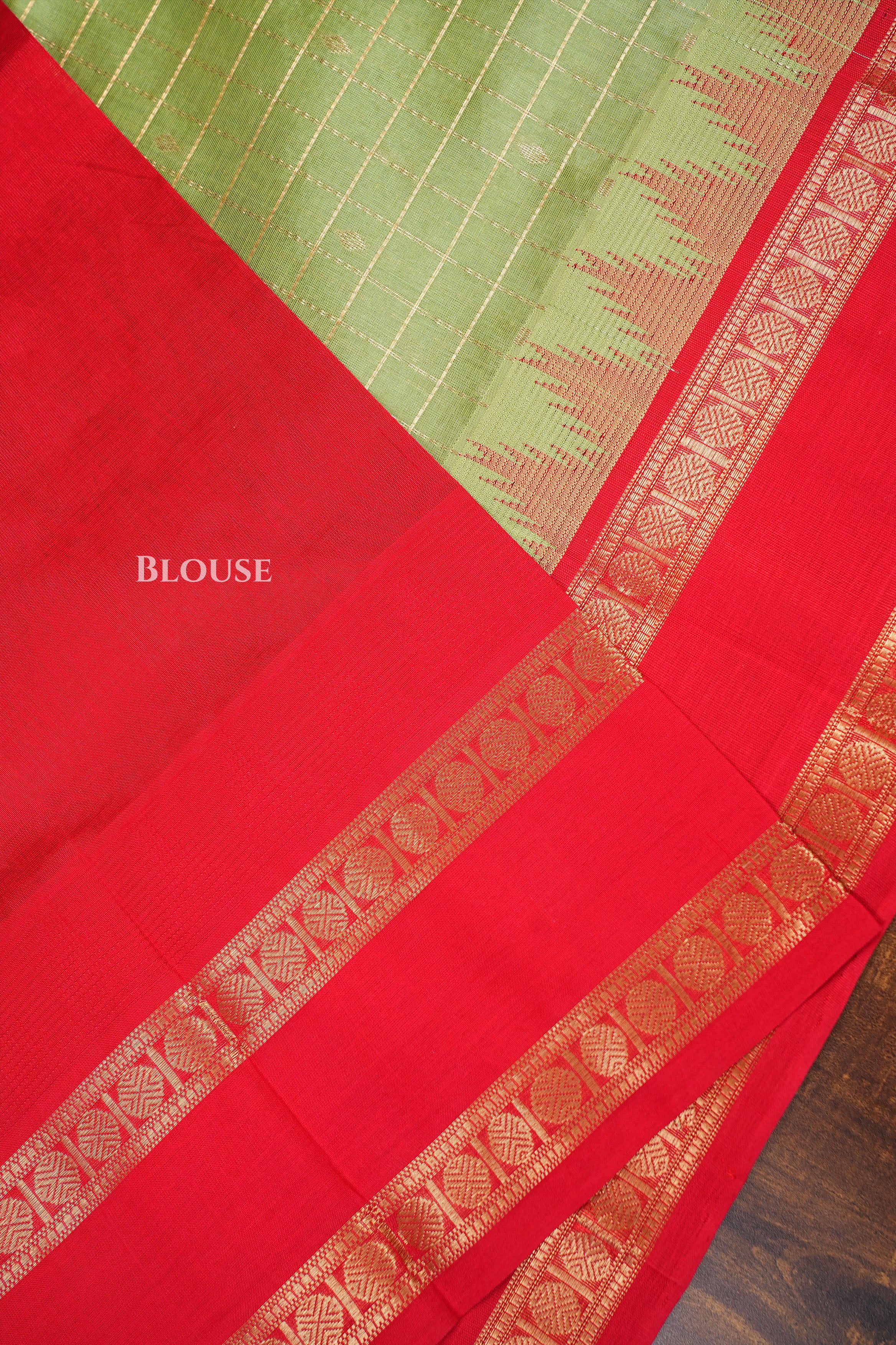 Light Green Kattam With Red Pure Silk Cotton Saree