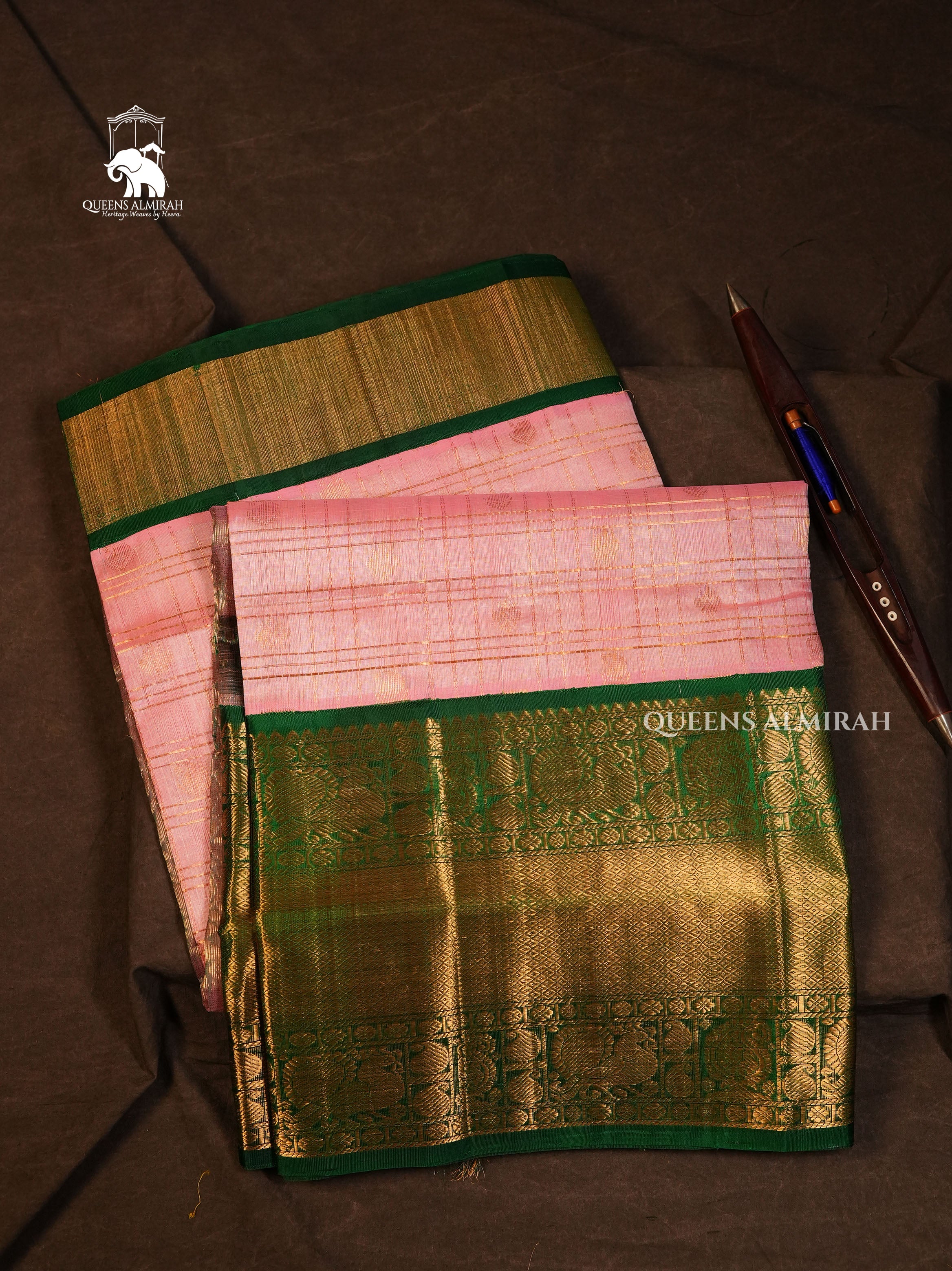 Lotus Pink With Leaf Green Pure Silk Cotton Saree