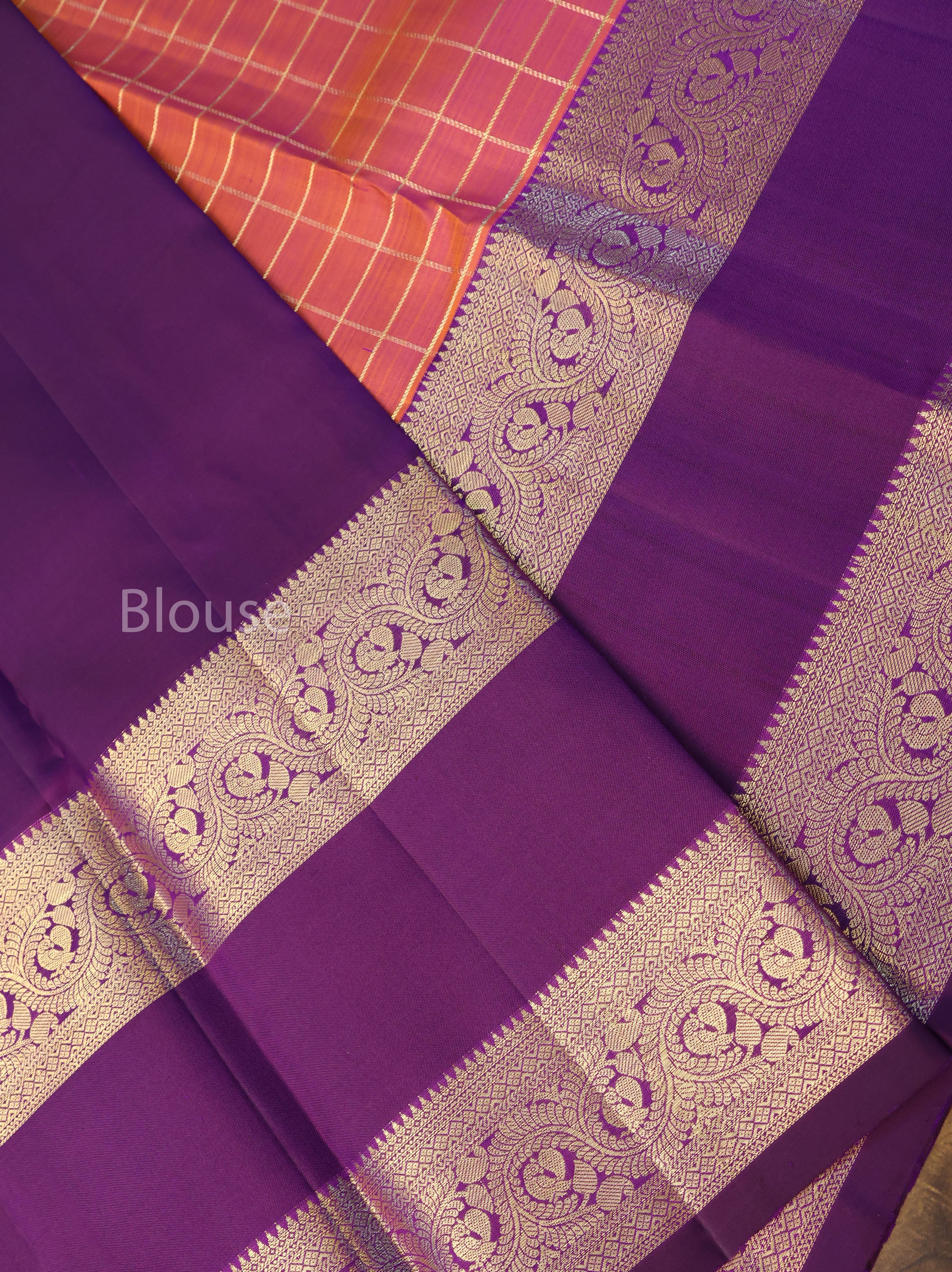 Coral Orange With Purple Pure Kanchivaram Silk Saree