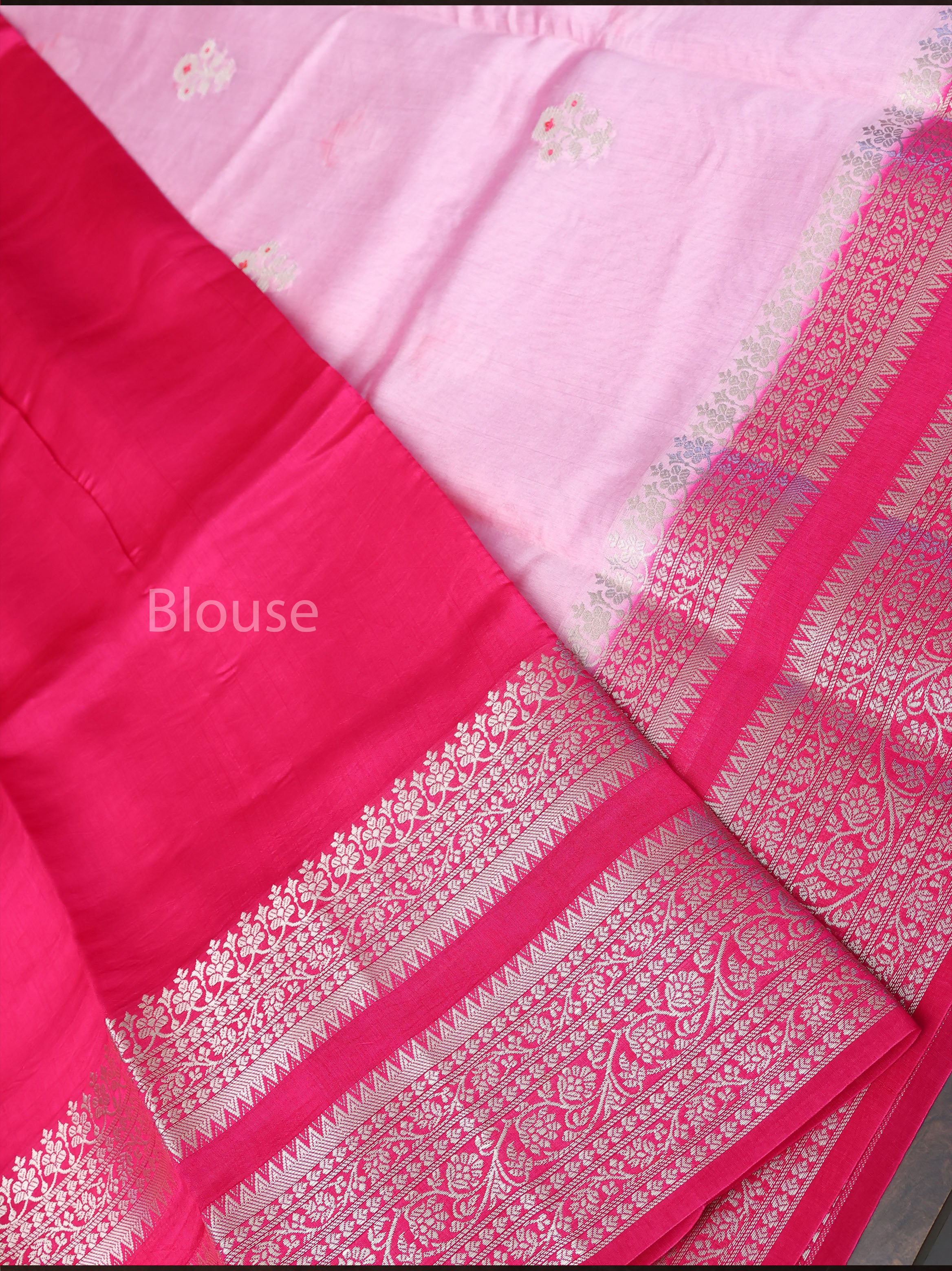 Rose Milk Pink With Rani Pink Semi Banarasi Silk Saree