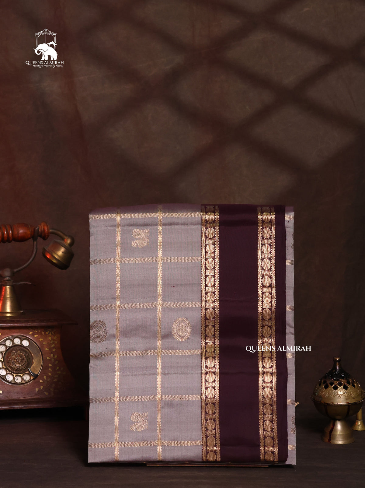 Silver Grey With Cocoa Bean Pure Soft Silk Saree