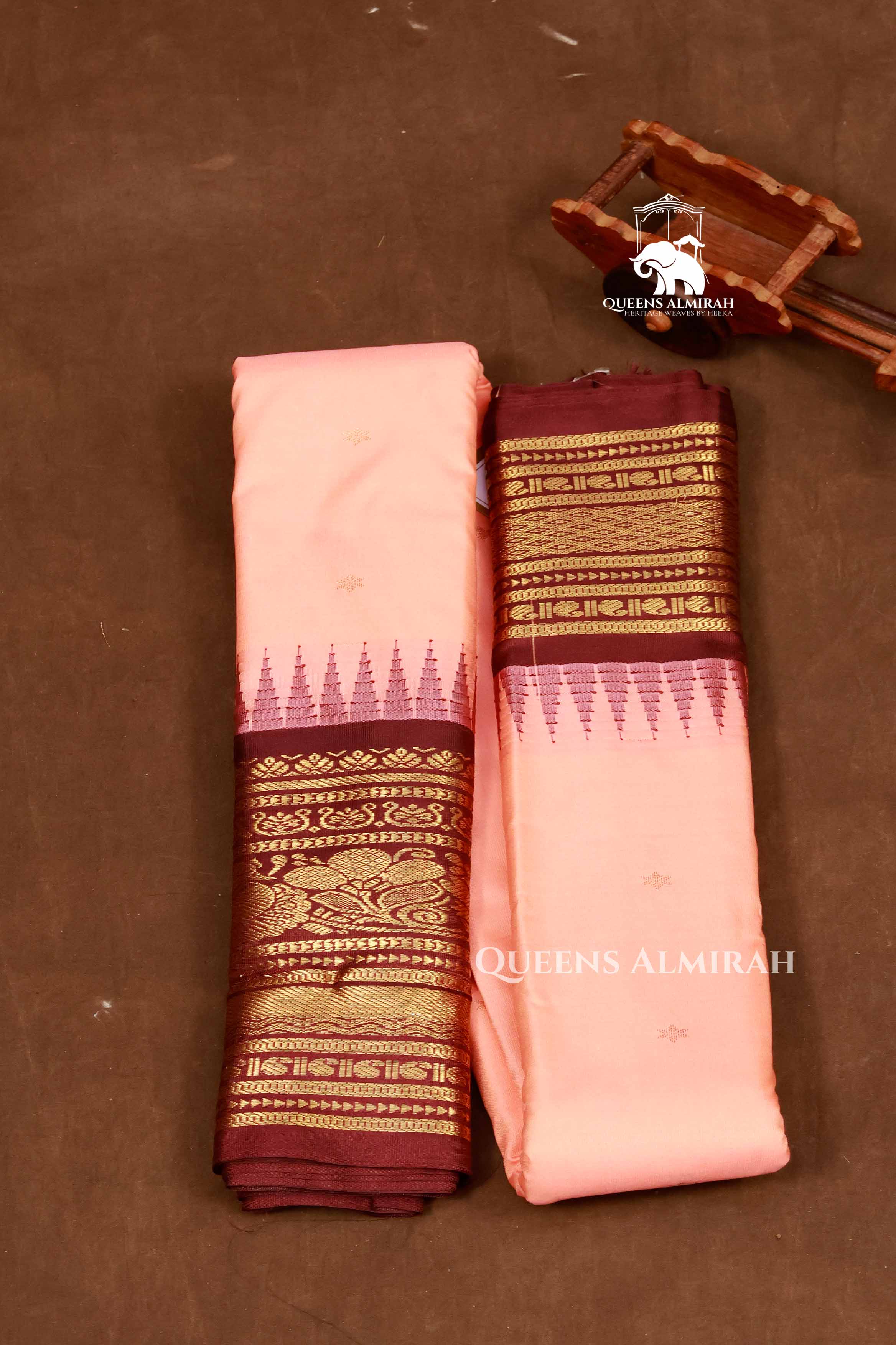 Peach With Brown Semi Gadwal Silk Saree