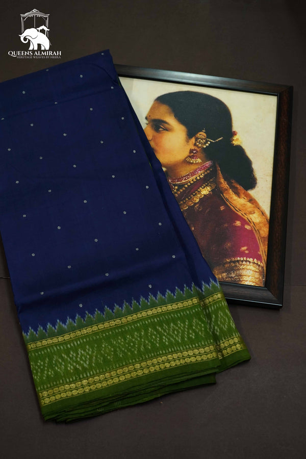 INDIGO BLUE WITH OLIVE GREEN MULBERRY SILK SAREE - Queens Jewel Emporium
