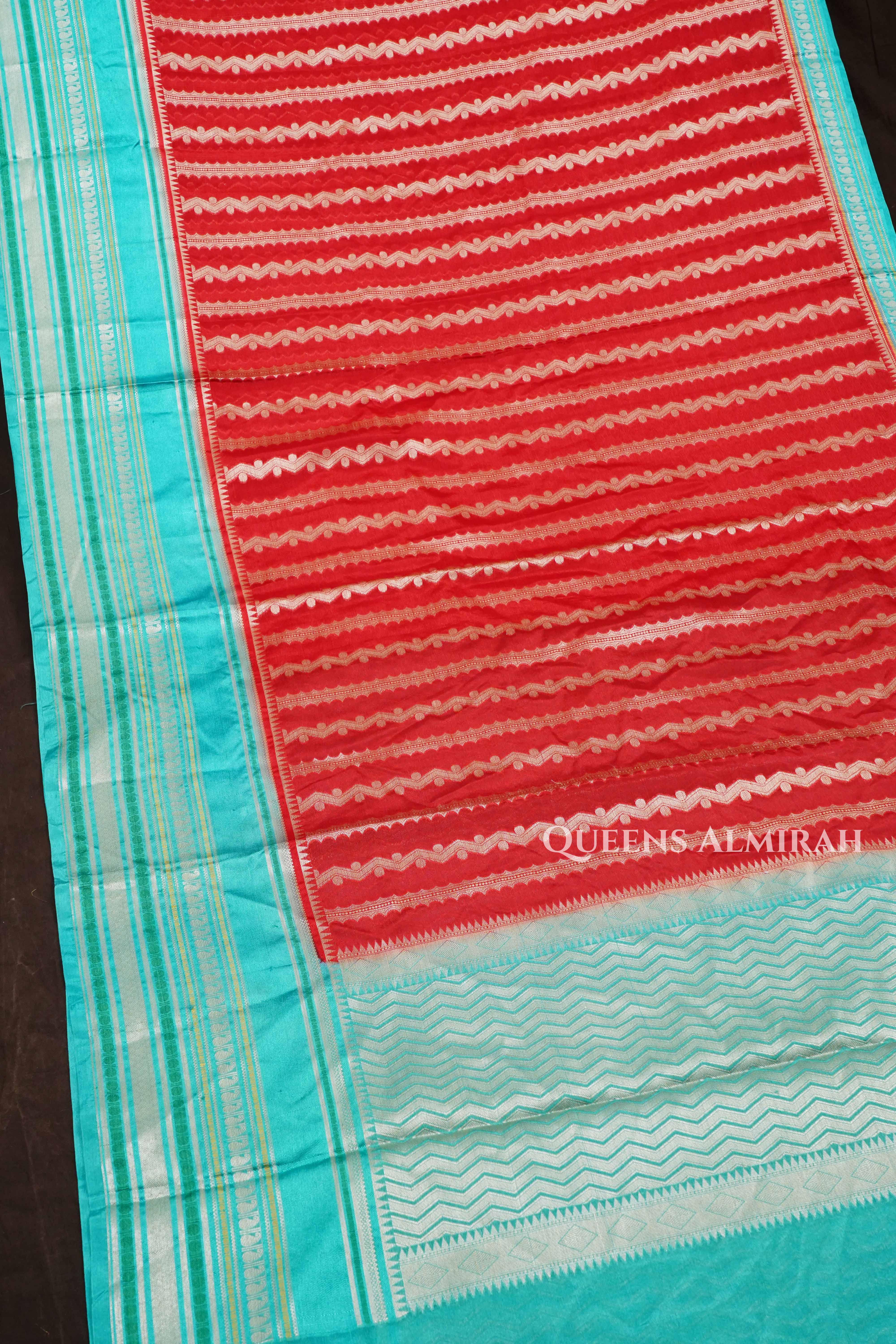 Coral Red With Turquoise Blue Semi Banarasi Silk Saree