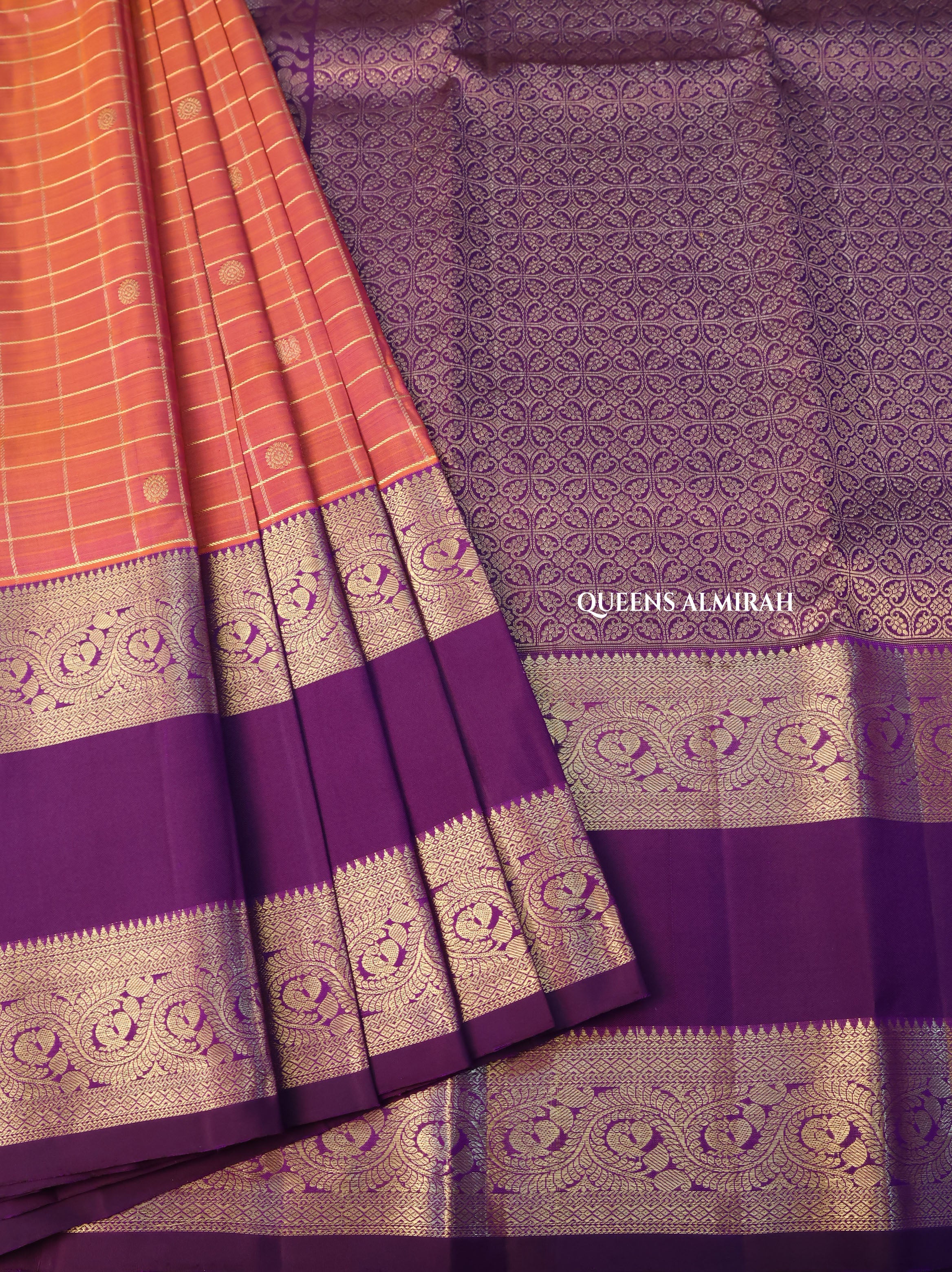Coral Orange With Purple Pure Kanchivaram Silk Saree